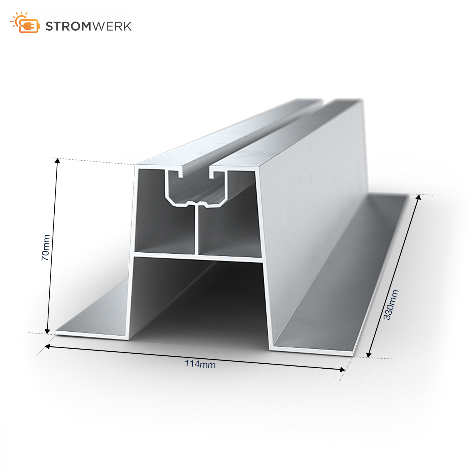 Aluminium-Extrusionsprofil mit beschrifteten Abmessungen. Verfügt über eine T-förmige Mitte und Seitenflansche.