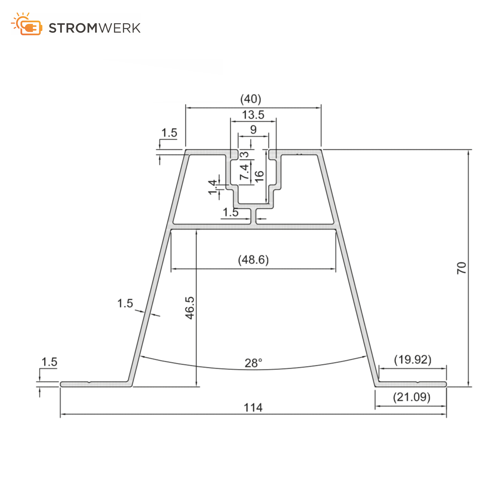 Technische Zeichnung eines Profils. Zeigt Abmessungen und Winkel. Text 'STROMWERK' oben links.