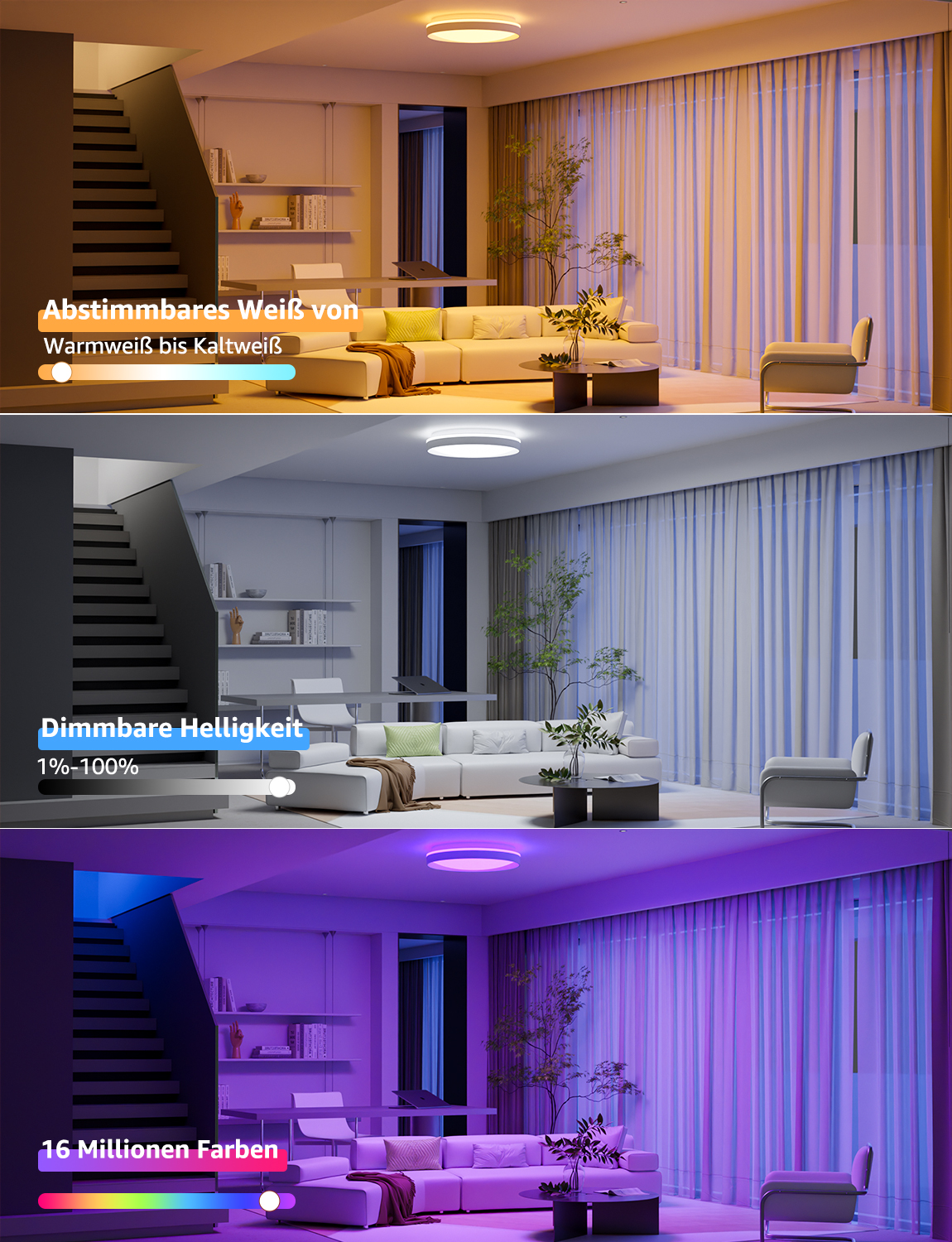 Drei Bilder zeigen einen Raum mit Deckenleuchte, die Farbe und Helligkeit ändert, von warm zu kühl.