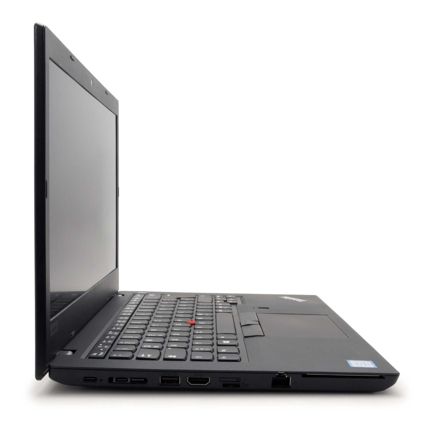 Ein schwarzer Laptop-Computer von der Seite, Bildschirm geöffnet. Weißer Hintergrund, professioneller Kontext.