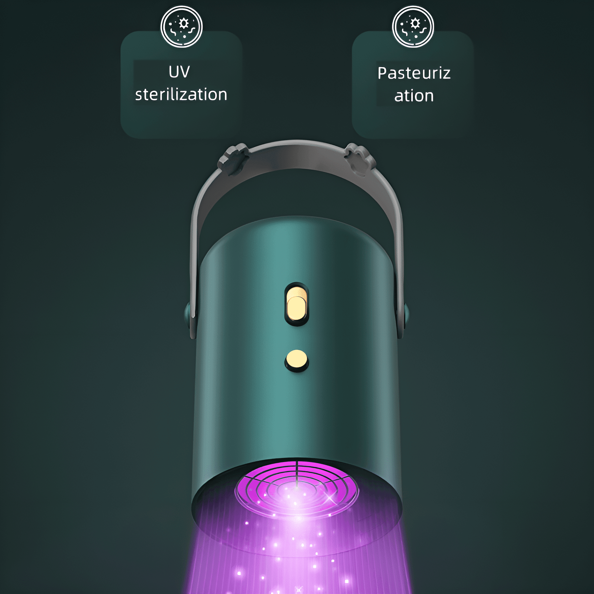 Ein teal-farbener UV-Sterilisator. Zwei Etiketten: UV-Sterilisation und Pasteurisierung.