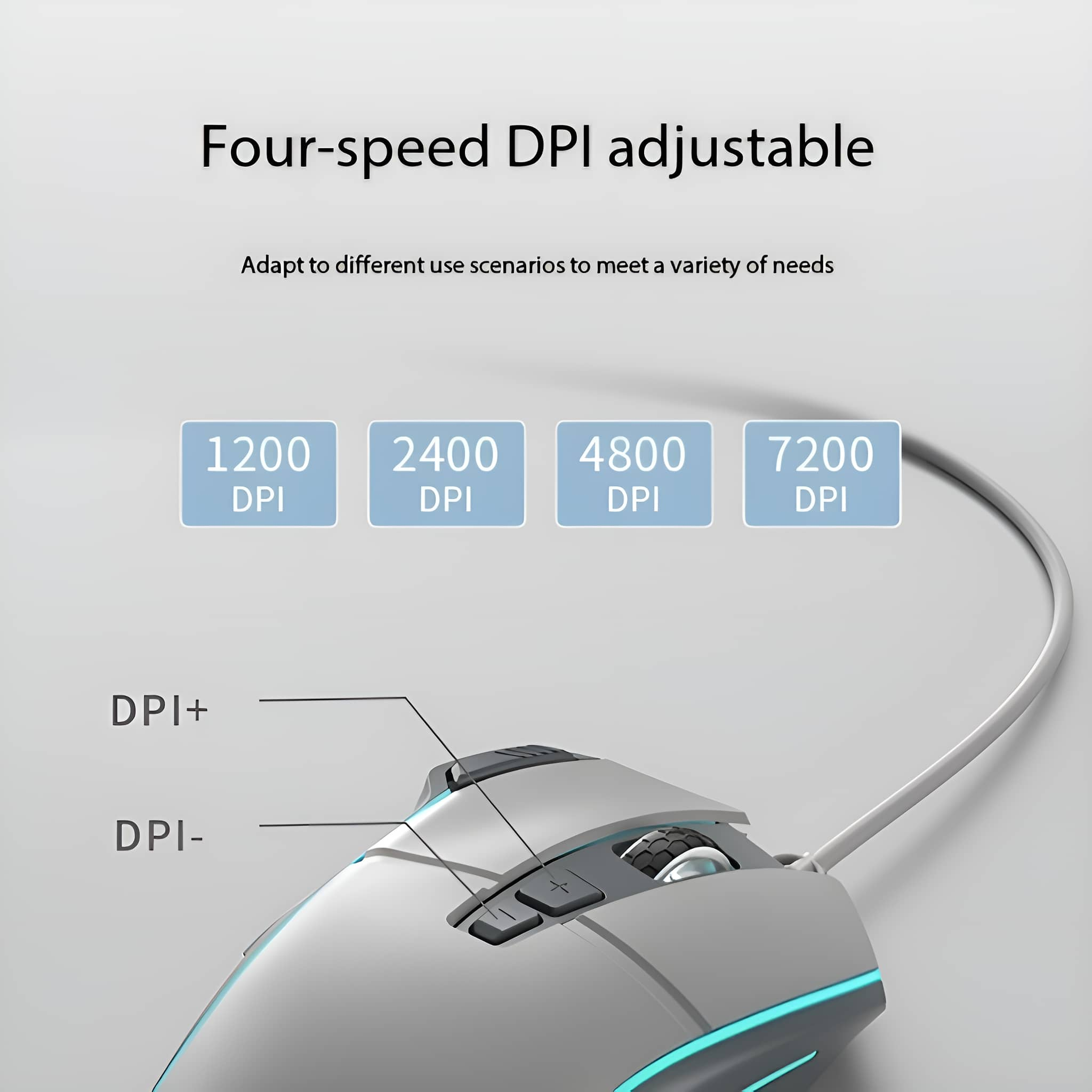 Eine Gaming-Maus mit einstellbaren DPI-Einstellungen, zeigt Tasten und ein Kabel.