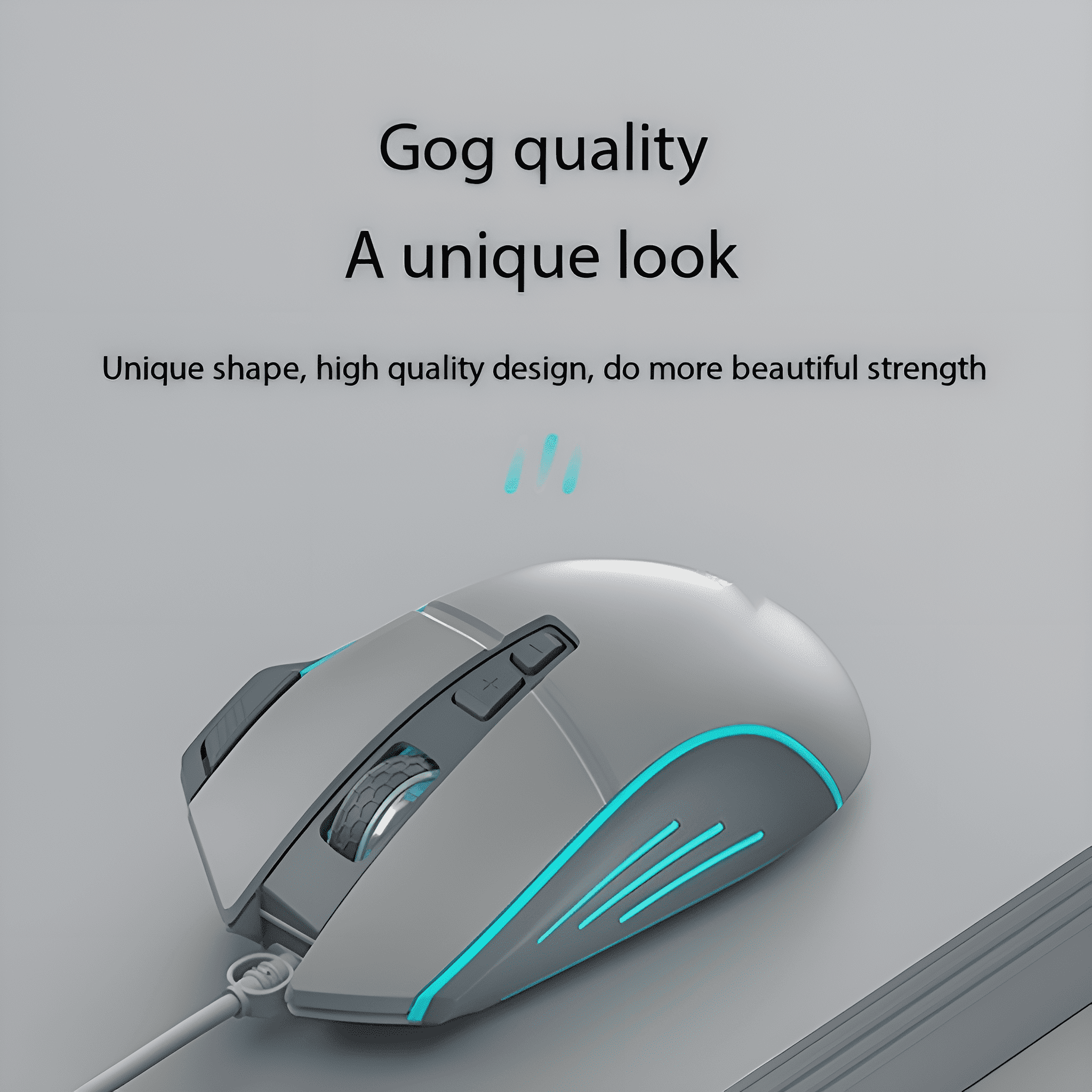 Graue Computermaus mit blauen Akzenten und einem Kabel.