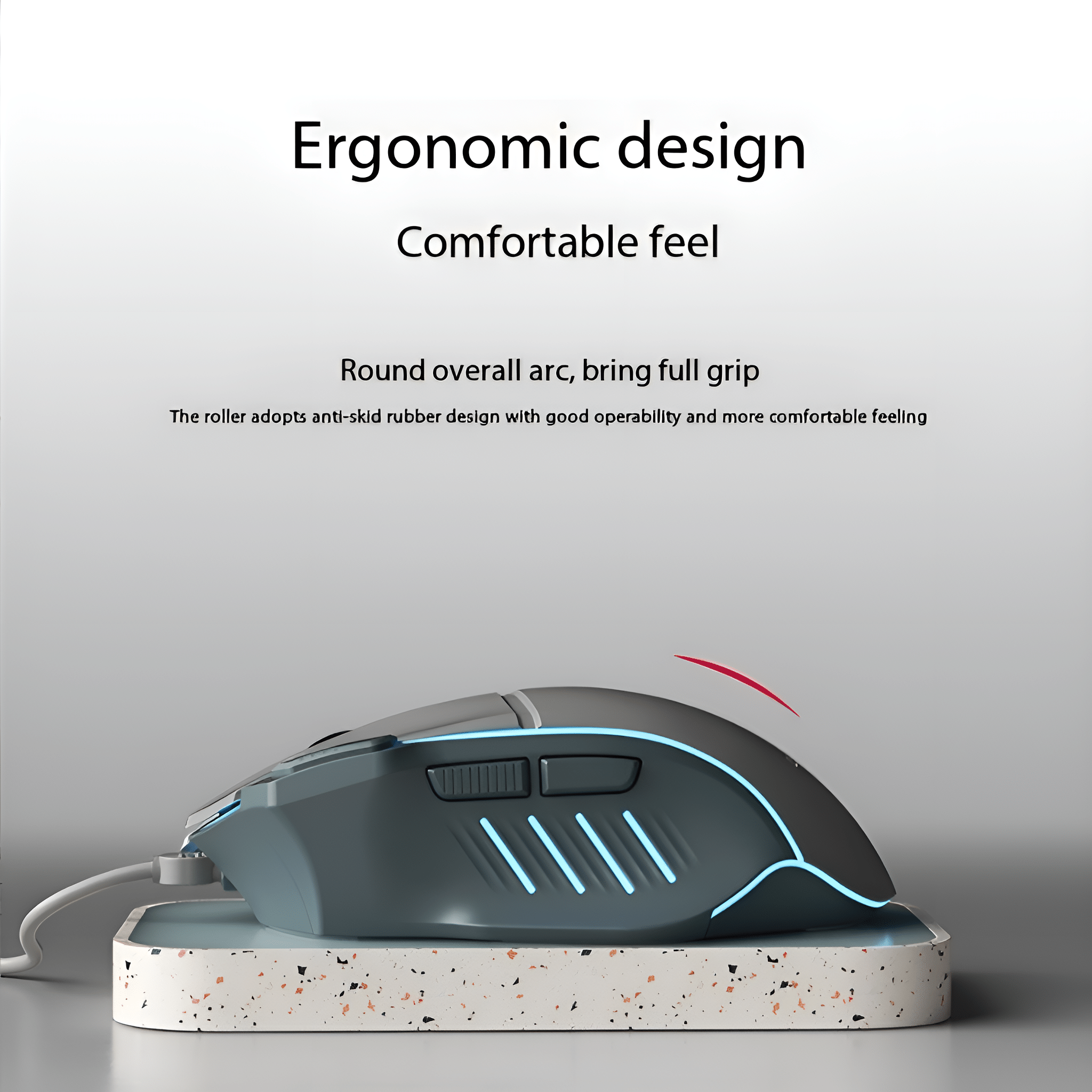 Graue ergonomische Maus auf einem Ständer. Sie hat blaue Akzente und ein weißes Kabel.