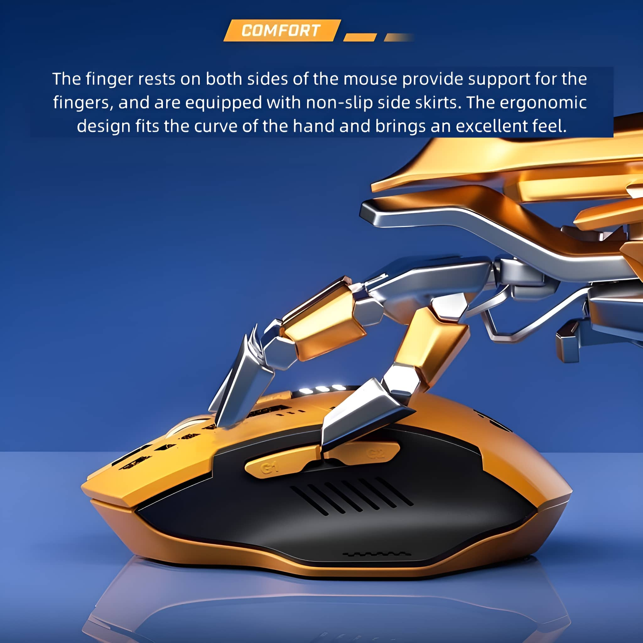 Orangefarbene und schwarze Gaming-Maus mit goldenen Akzenten. Text betont ergonomisches Design.
