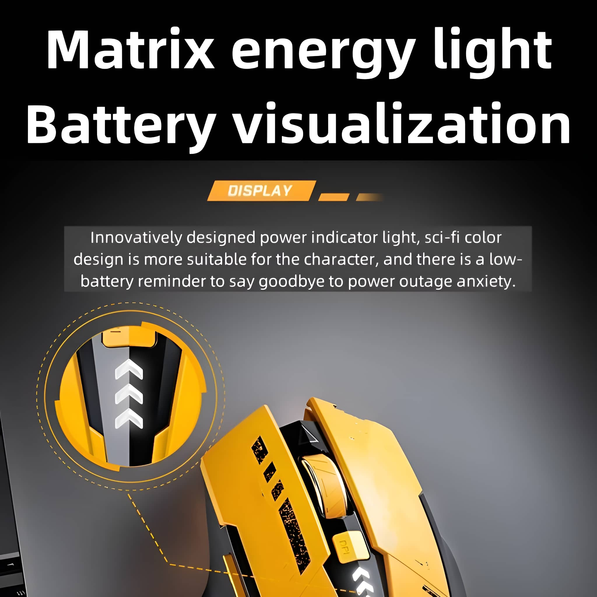 Gelbe und schwarze Computermaus mit Text zur Batteriedarstellung.