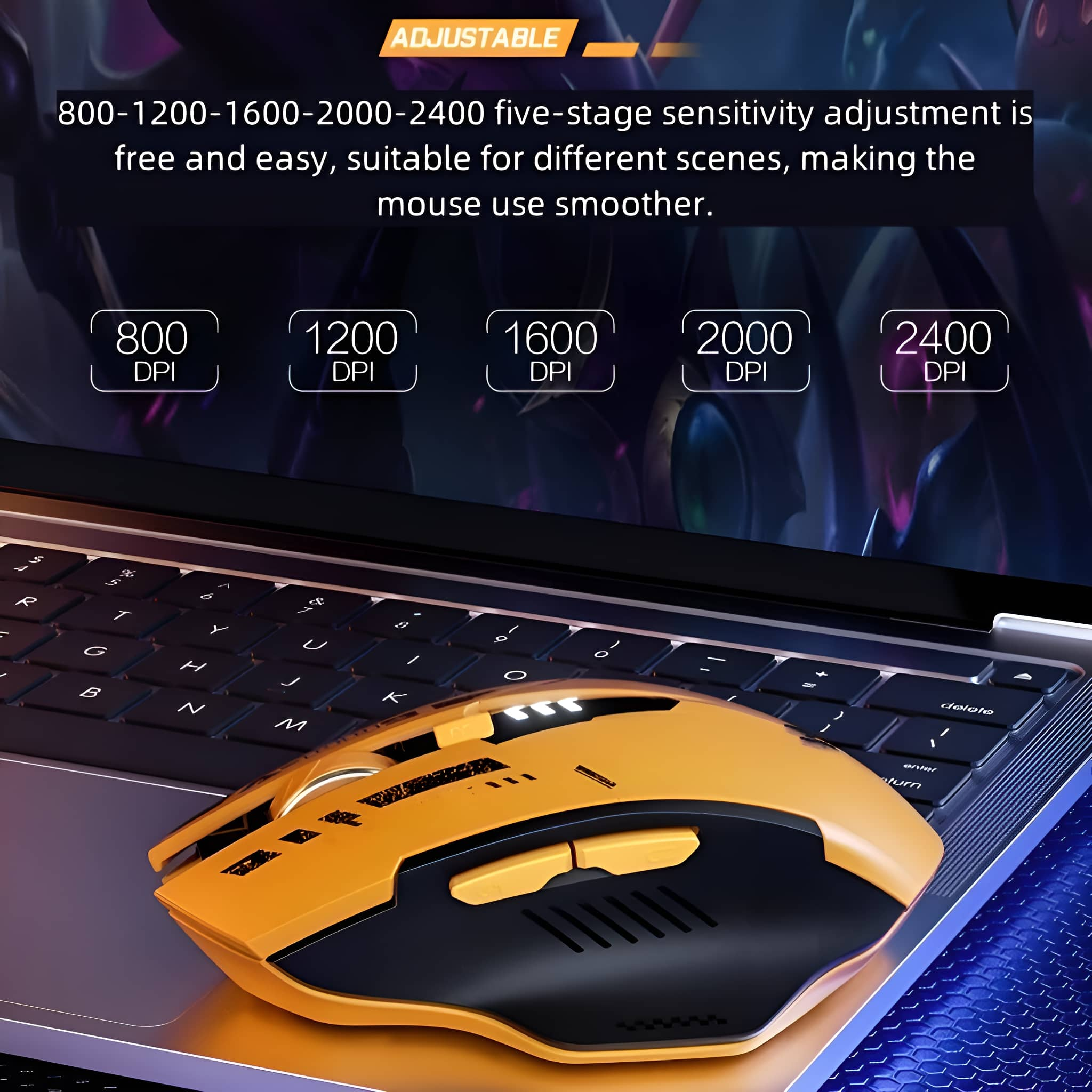 Gelbe und schwarze Gaming-Maus auf einer Laptop-Tastatur. Text zur Empfindlichkeitseinstellung.