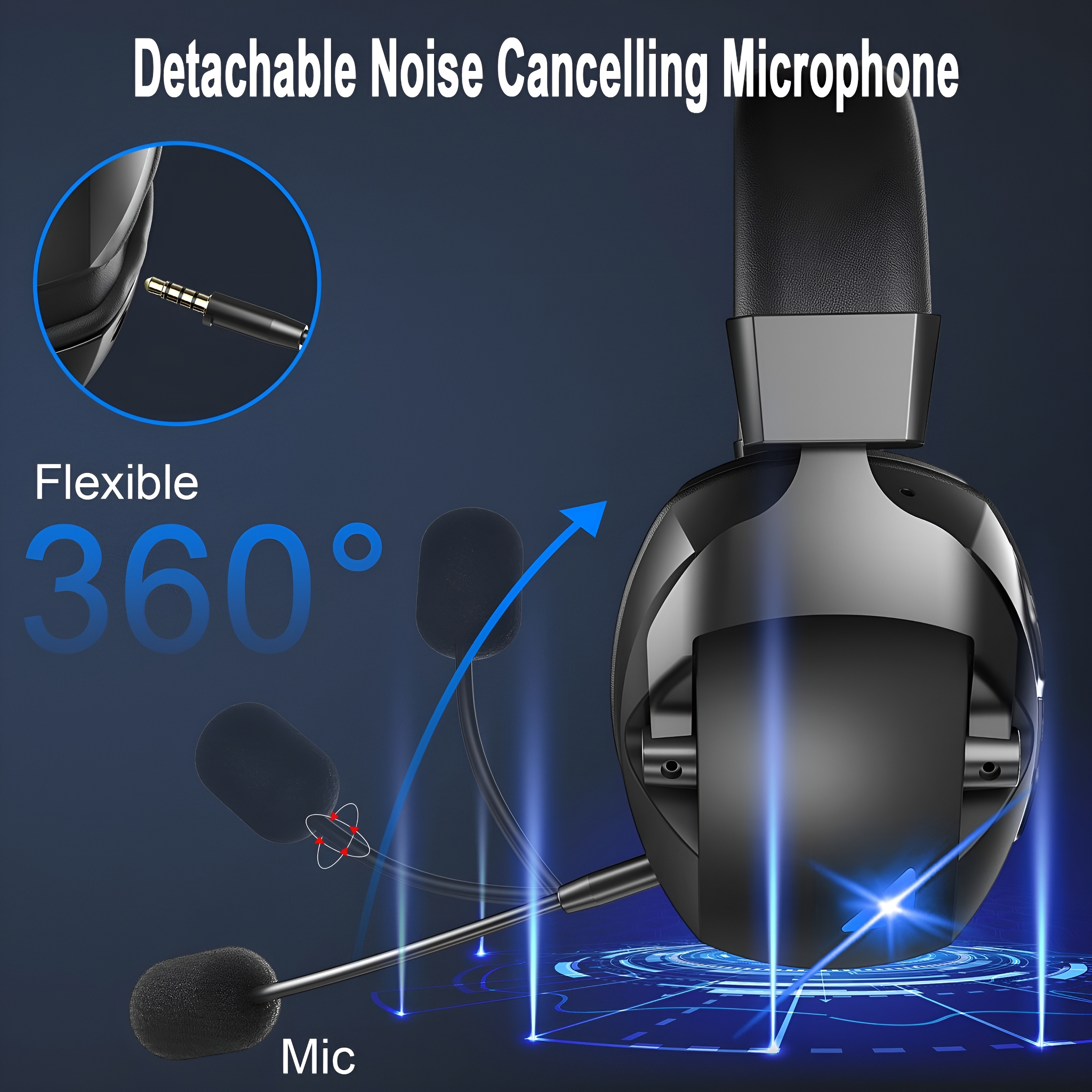 Ein Headset mit Mikrofon und flexiblem Arm. Ein Diagramm zeigt verschiedene Positionen.
