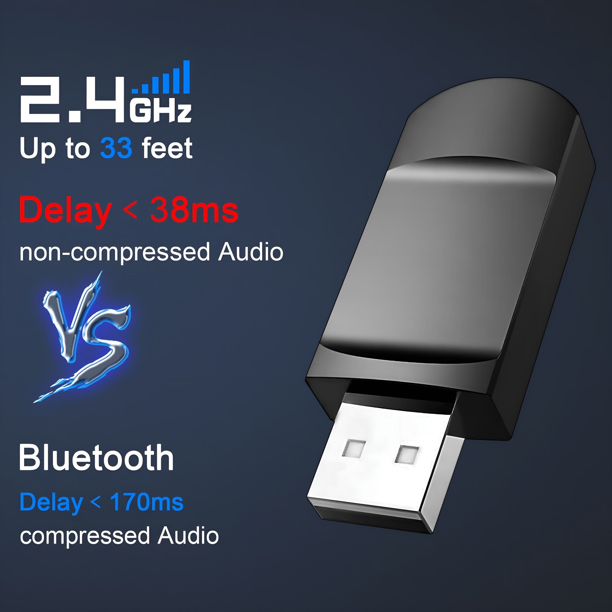 Ein schwarzes USB-Gerät mit Text über Verzögerungszeiten und Bluetooth- vs. 2,4-GHz-Verbindung.