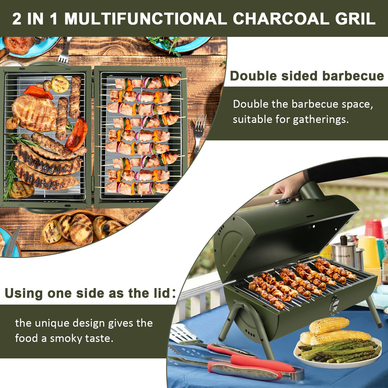 Zweiseitiger Holzkohlegrill. Eine Seite grillt Essen, die andere ist ein geschlossener Deckel. Grün.