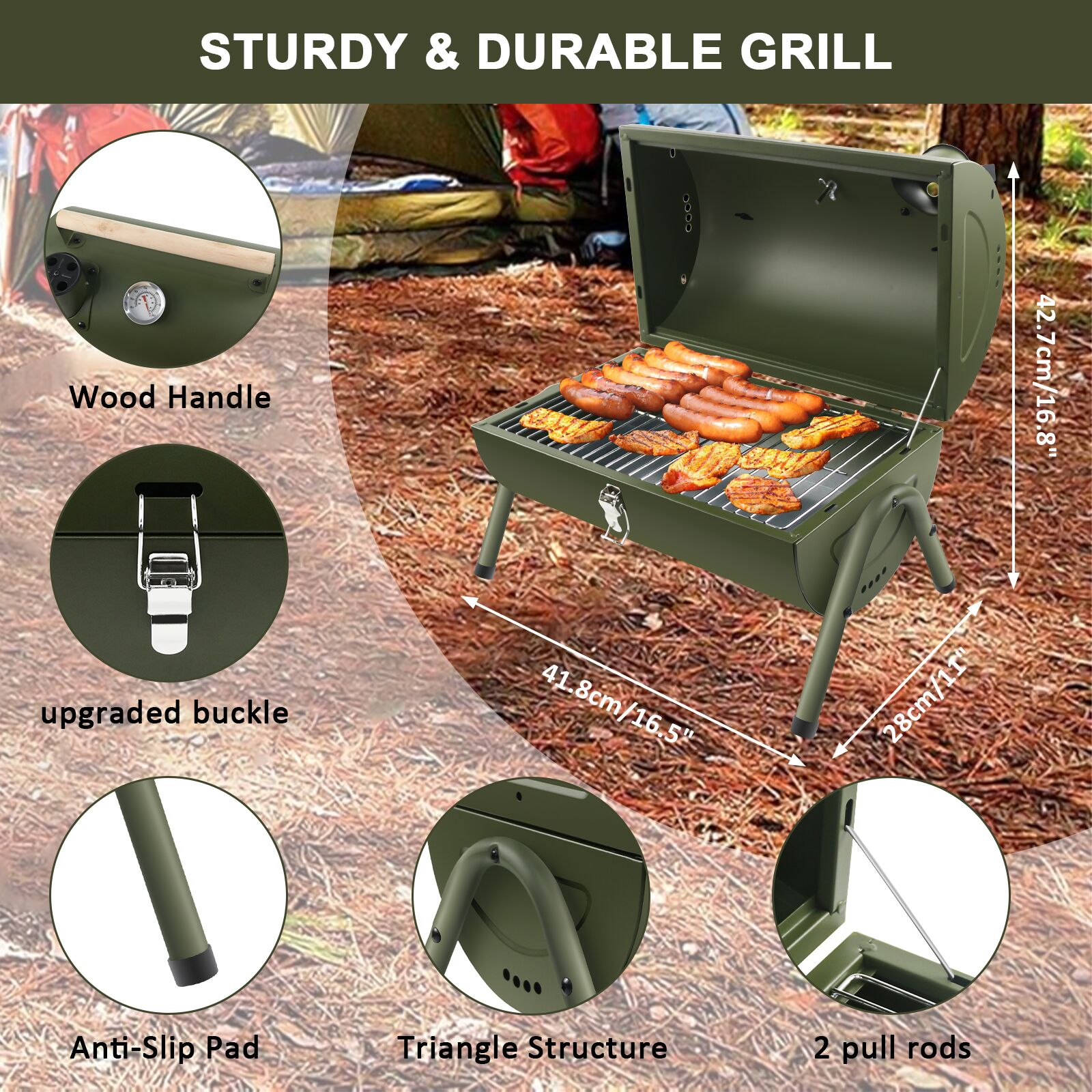 Grüner tragbarer Grill mit Würstchen, verschiedene Teile beschriftet, vor natürlichem Hintergrund.