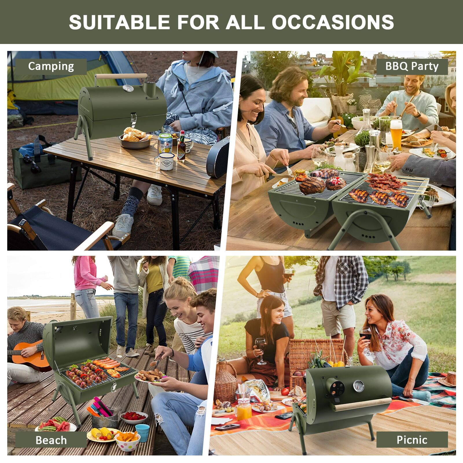 Vier Bilder von grünen Grills in Outdoor-Umgebungen: Camping, BBQ, Strand und Picknick.