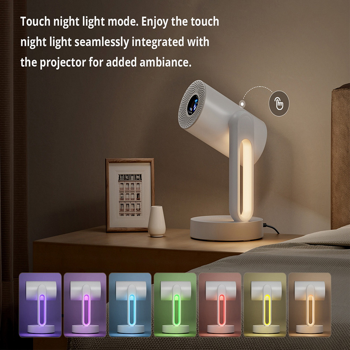 Proyector blanco con función de luz nocturna, mostrando varias opciones de color.