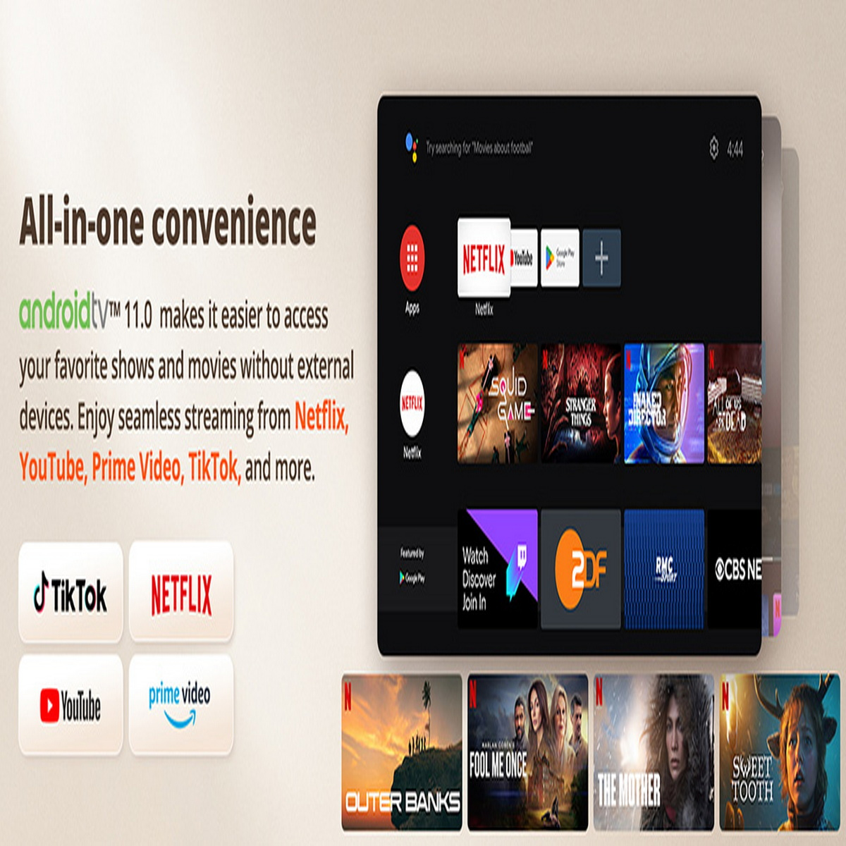 Interfaz de TV inteligente con apps de streaming como Netflix y YouTube, con banner publicitario.
