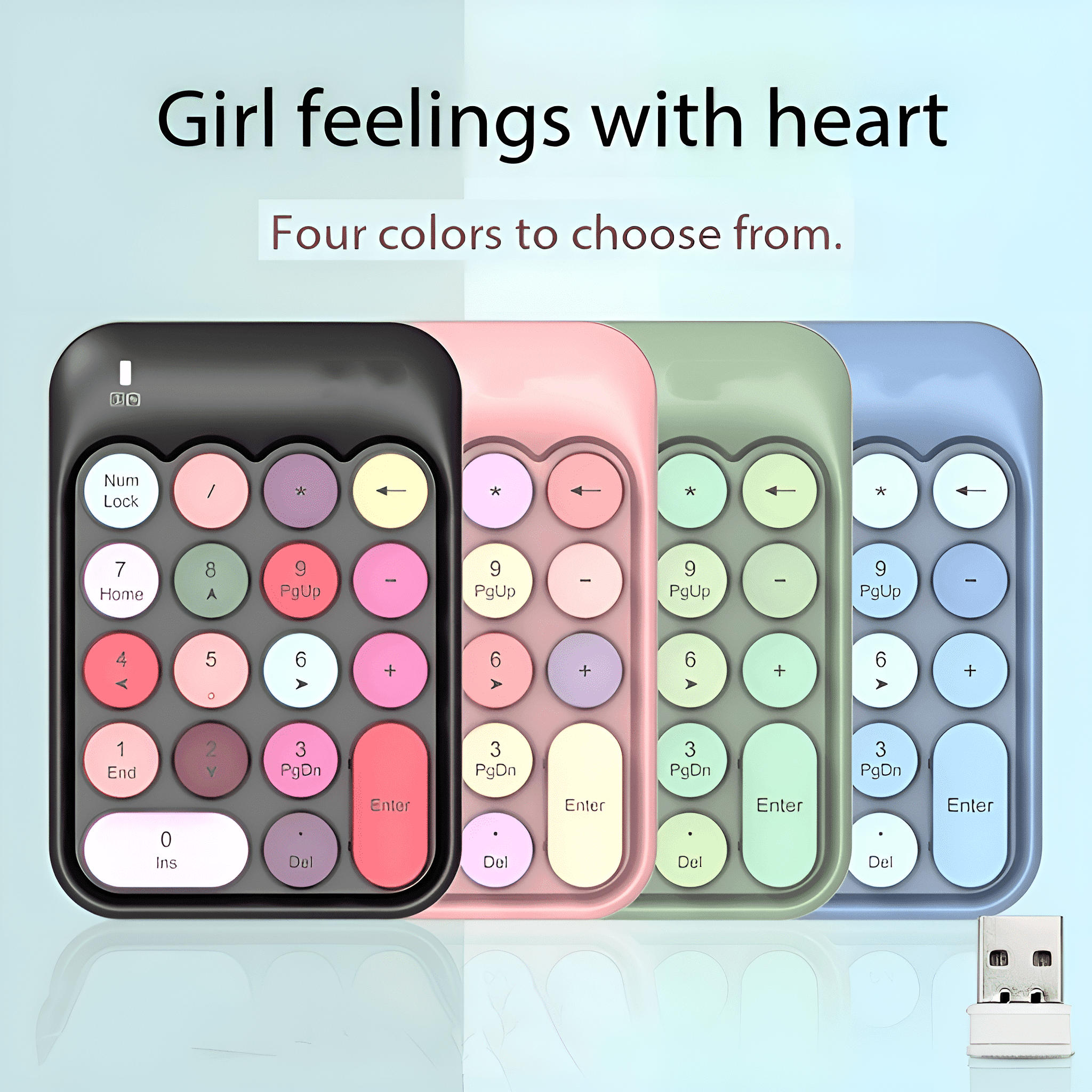 Vier farbige Keypads: Schwarz, Rosa, Grün und Blau. Sie haben ähnliche Tastenanordnungen und Design.