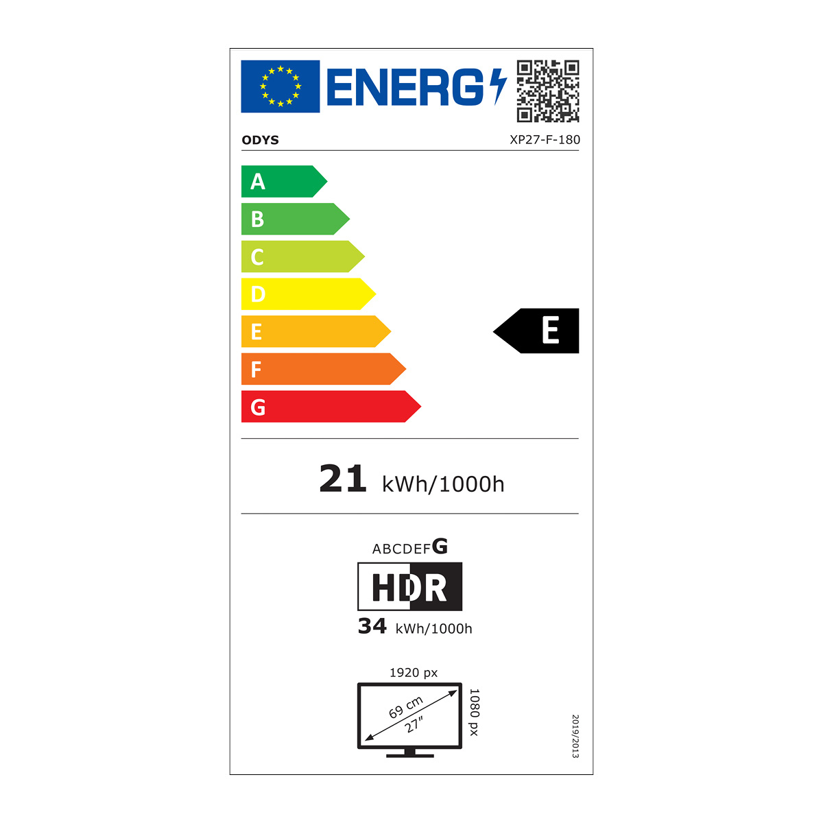 Energieeffizienzetikett für einen Monitor. Es zeigt eine E-Bewertung und Energieverbrauchsdaten.