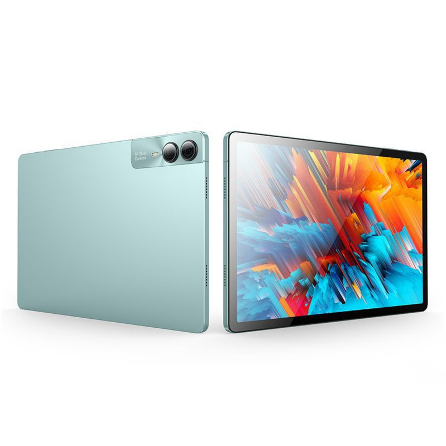 Zwei Tablets auf weißem Untergrund, eines zeigt ein farbenfrohes Bild, das andere eine hellblaue Rückseite.