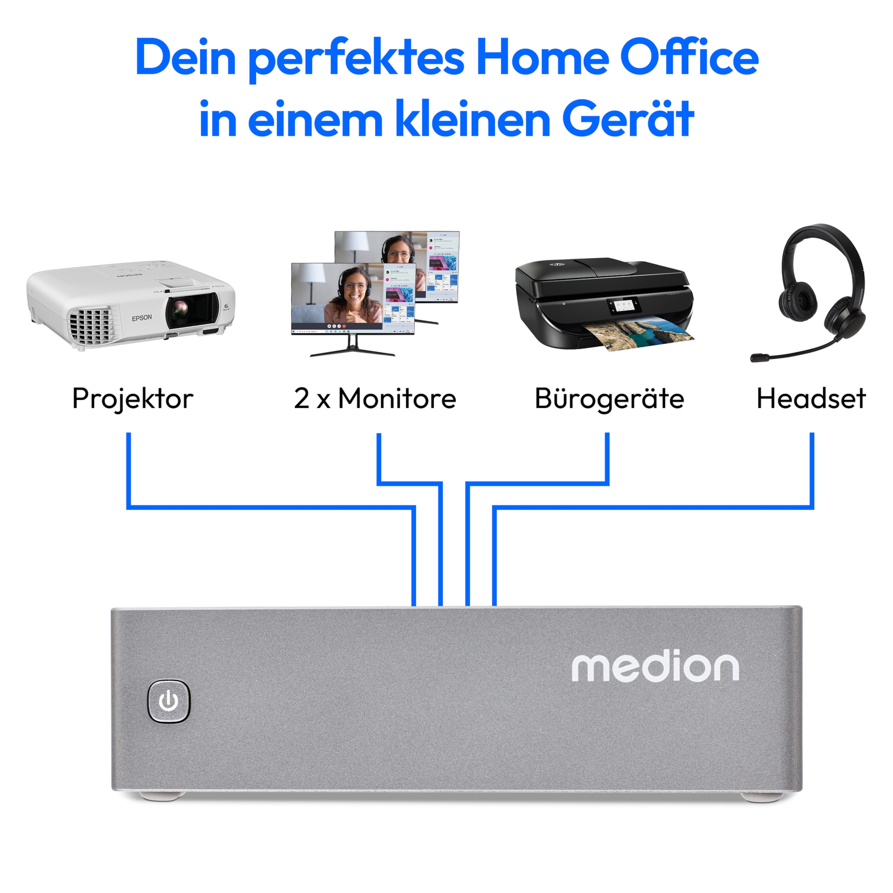 Configurazione home office: proiettore, due monitor, stampante e cuffie collegati a una scatola Medion argentata.