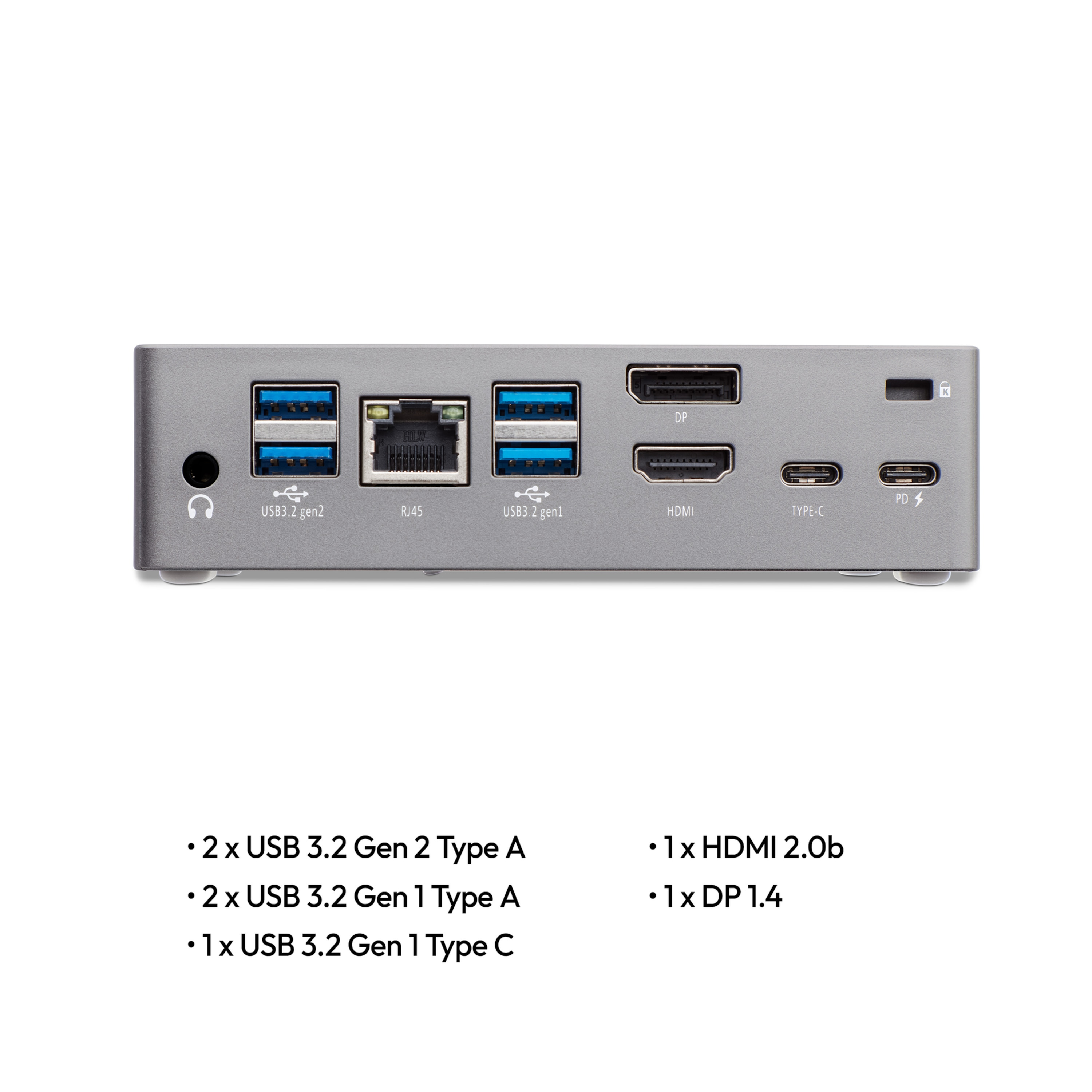 Nahaufnahme einer grauen Dockingstation mit mehreren Anschlüssen: USB, HDMI und Ethernet, auf weißem Hintergrund.