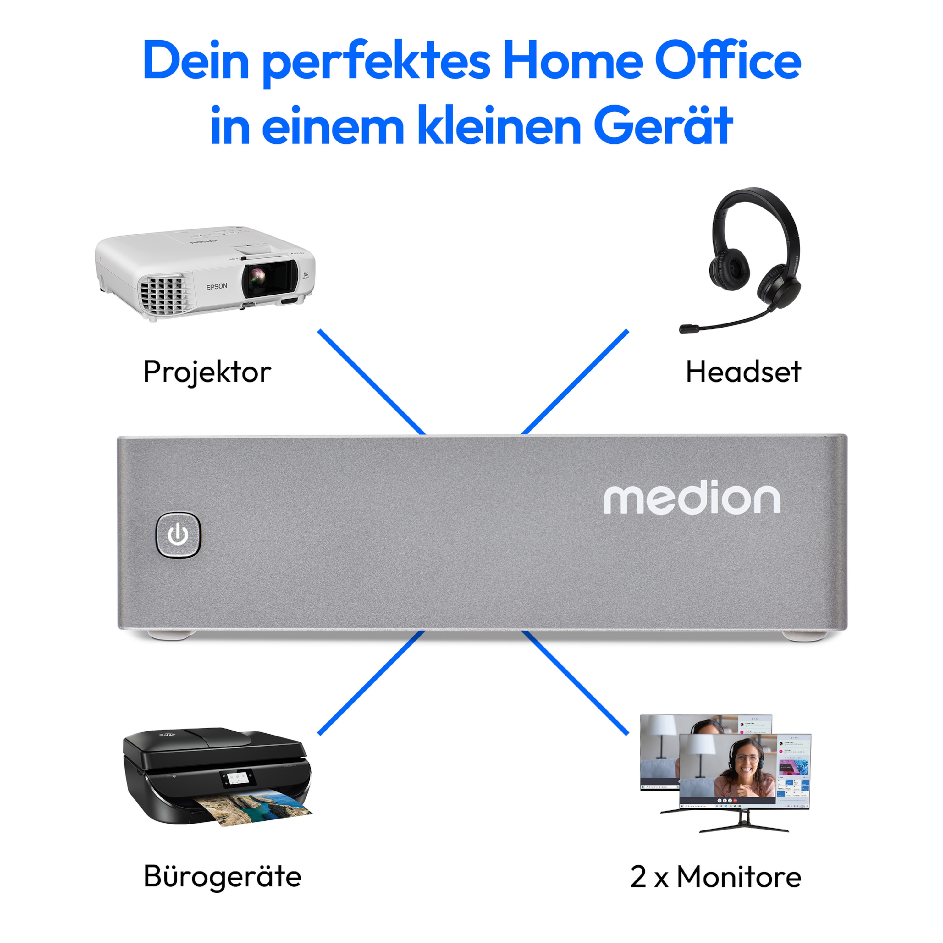 Ein Bild mit einem Projektor, Headset, Drucker und Monitoren, alle an einen silbernen Computer angeschlossen.