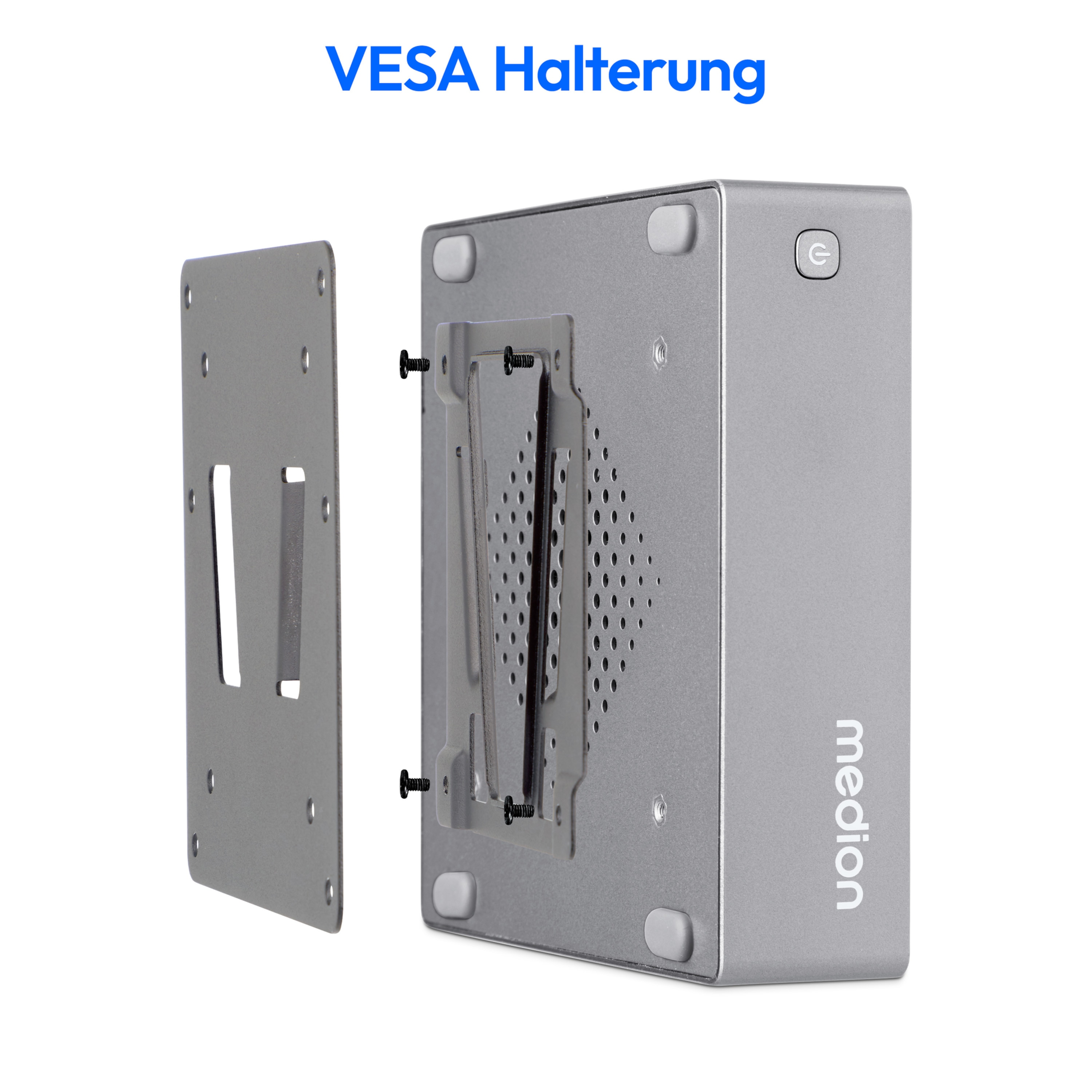 Silbernes Computergehäuse mit VESA-Montagekomponenten und dem Medion-Logo.