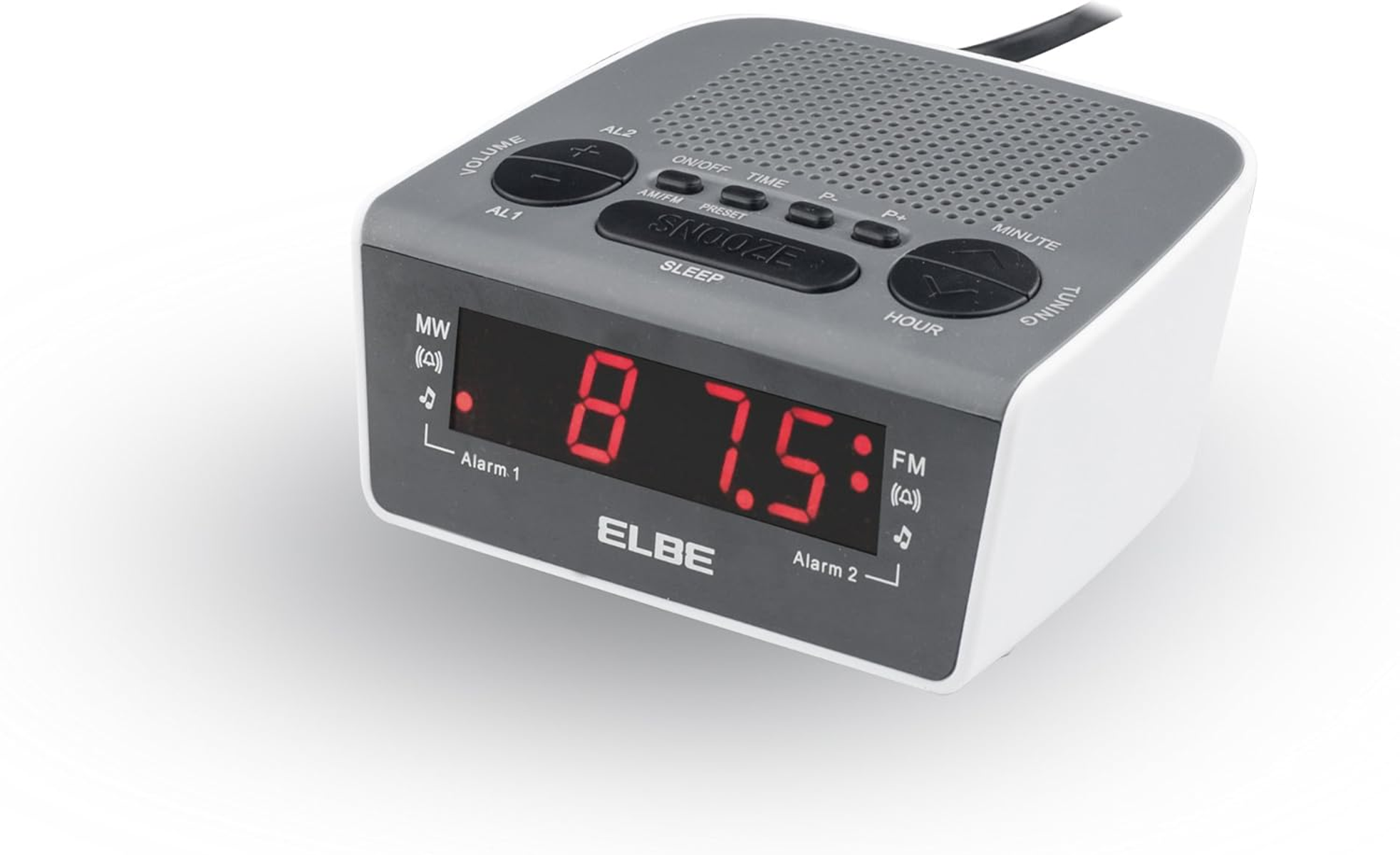 Szaro-biały cyfrowy budzik. Pokazuje godzinę 87.5 na czerwono.