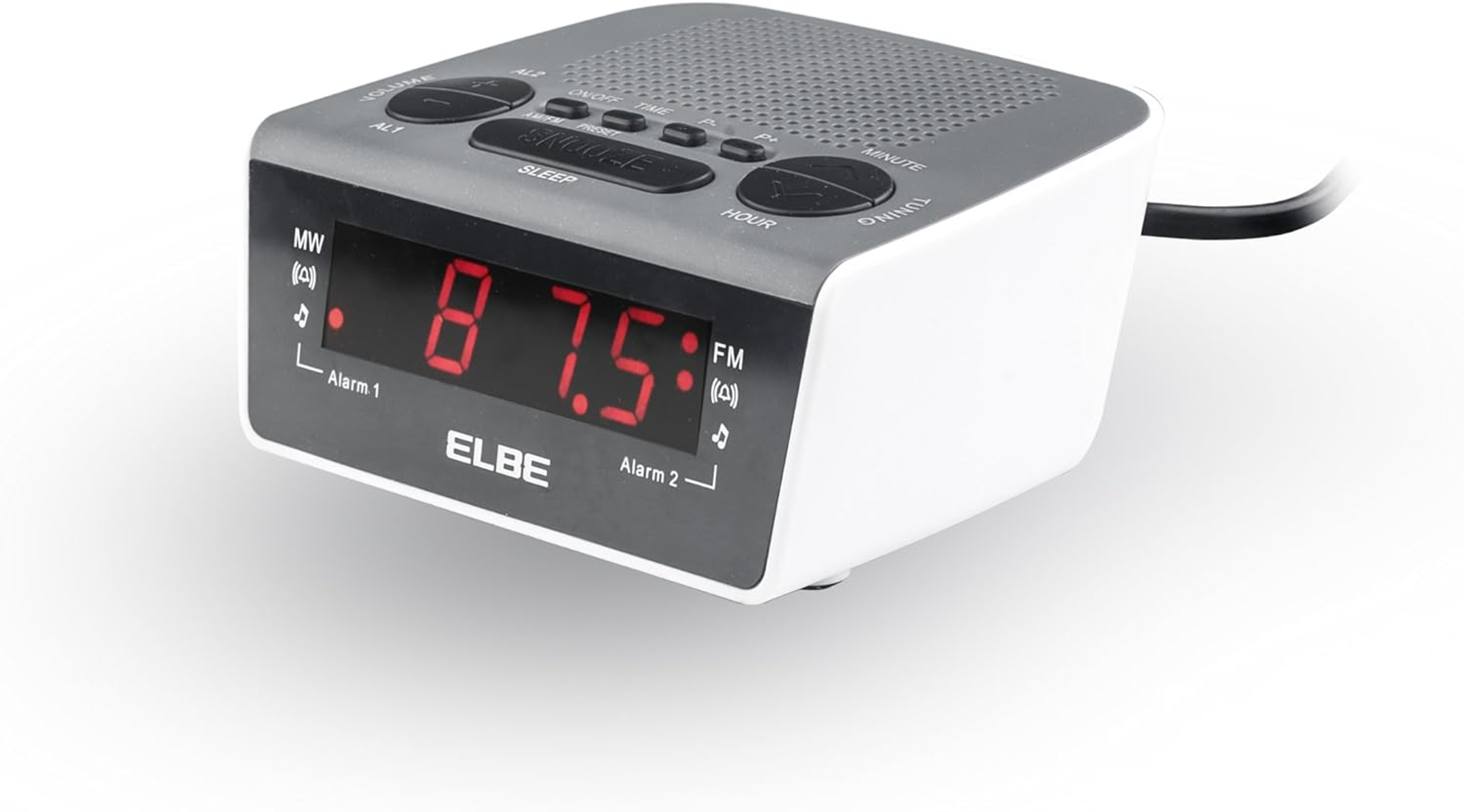 Biały i szary cyfrowy budzik ELBE. Wyświetla czas na czerwono. Posiada przyciski do ustawień i alarmów.