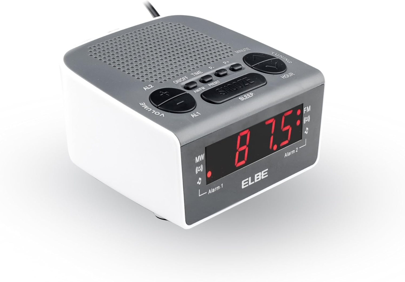Biało-szary cyfrowy budzik z czerwonym wyświetlaczem. Zegar pokazuje czas.