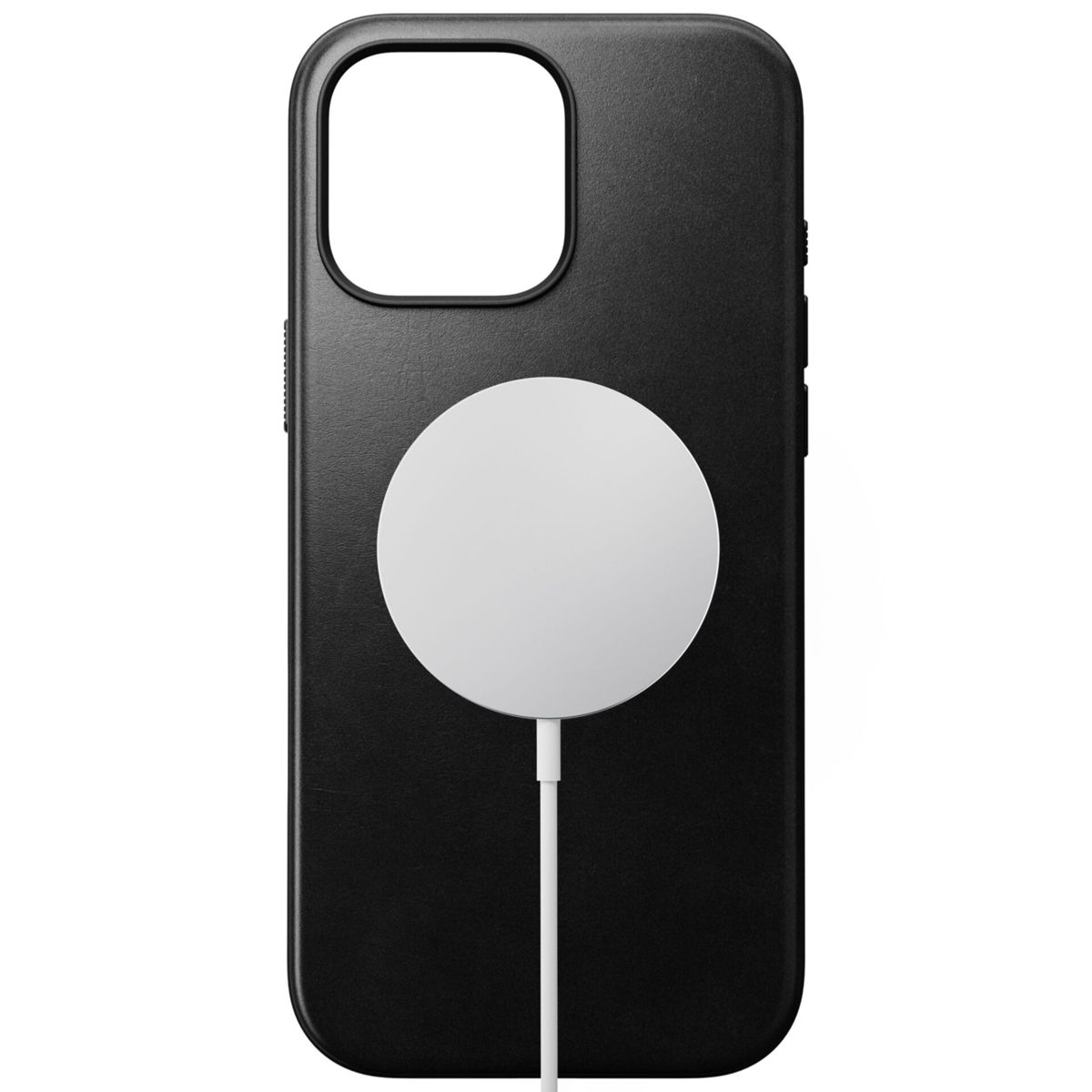 Custodia nera per telefono con un pad di ricarica circolare bianco.