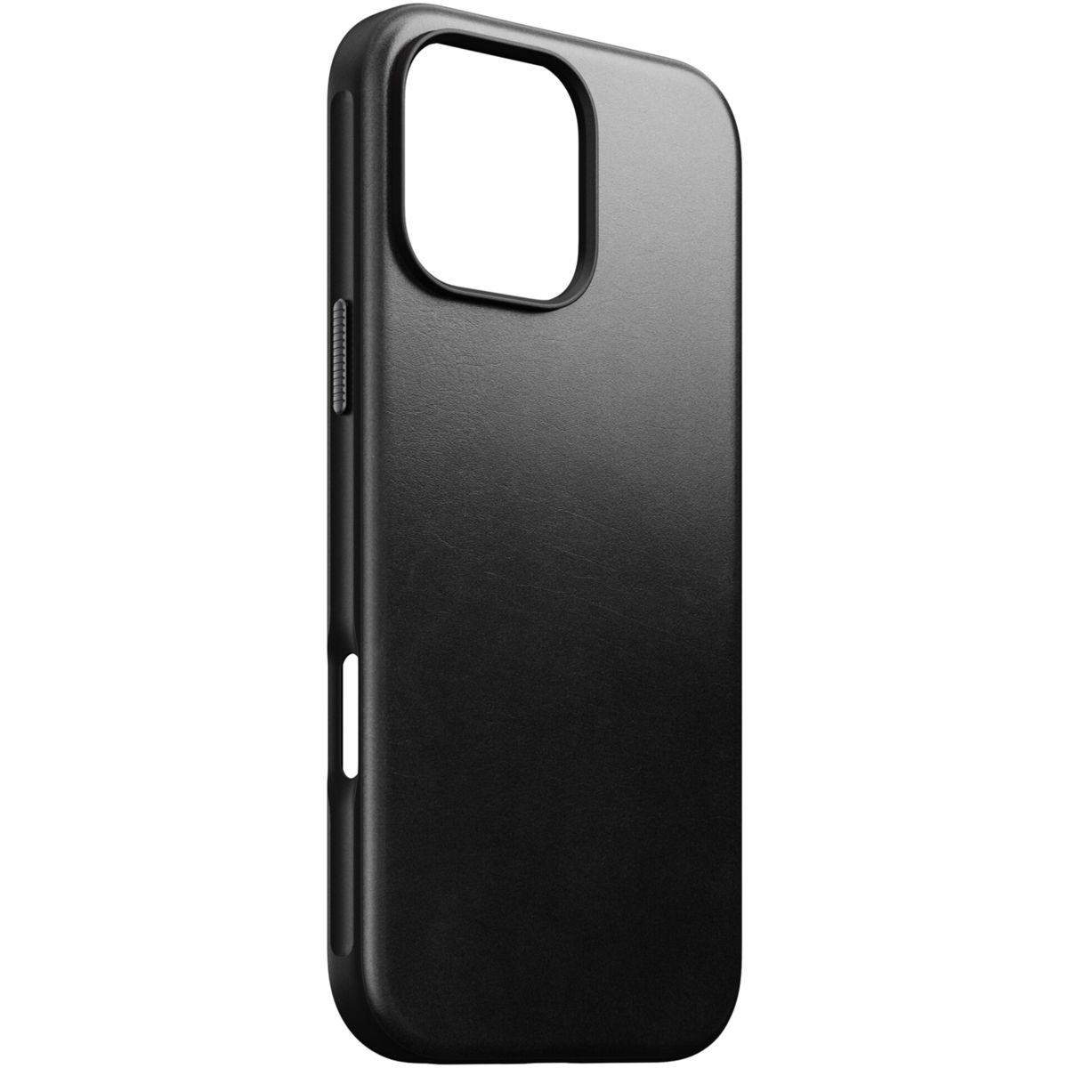 Una custodia per telefono nera con un ritaglio per la fotocamera e pulsanti laterali, su sfondo bianco.