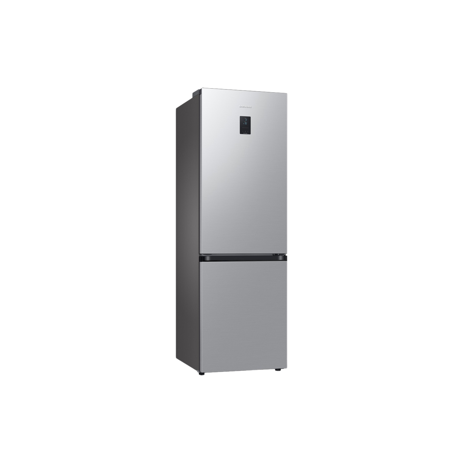 Silver Samsung refrigerator on a black background.