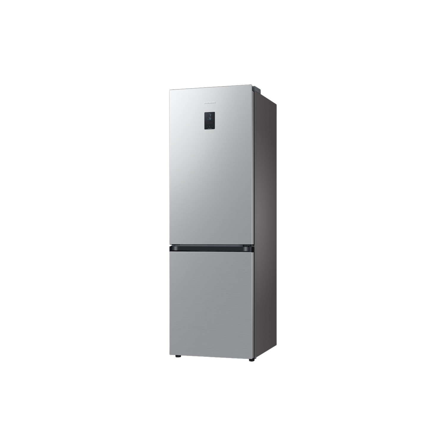 Silver refrigerator on black background. Modern design with two doors.