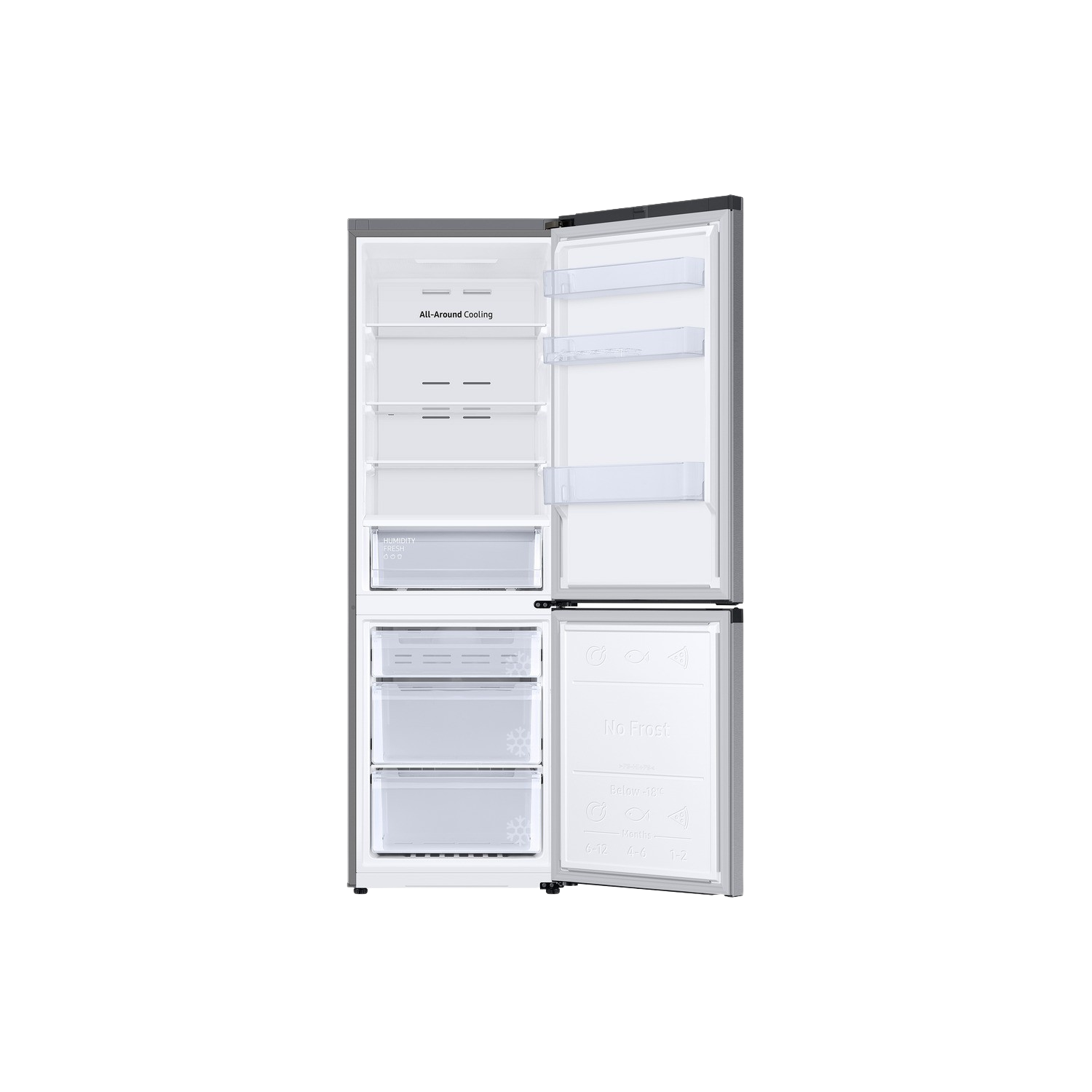 Opened Samsung refrigerator. Interior showing shelves, drawers, and freezer section. Grey exterior.