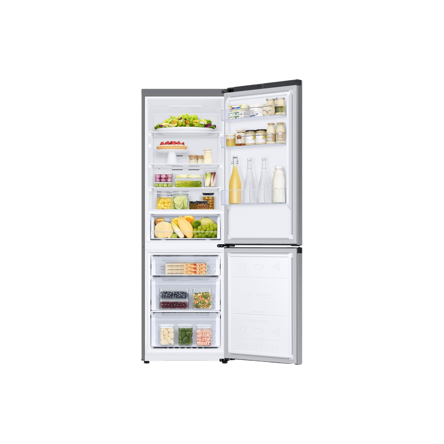An open refrigerator filled with food. The top section has shelves, the bottom has drawers.