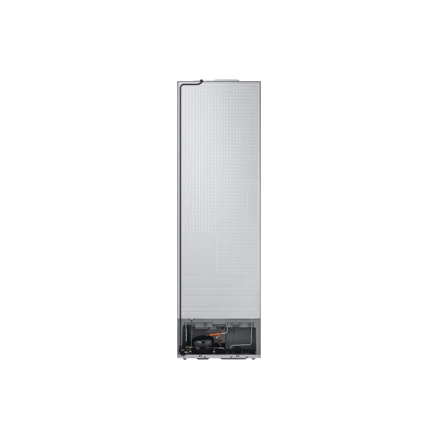 Back view of a refrigerator, silver, on a black background.