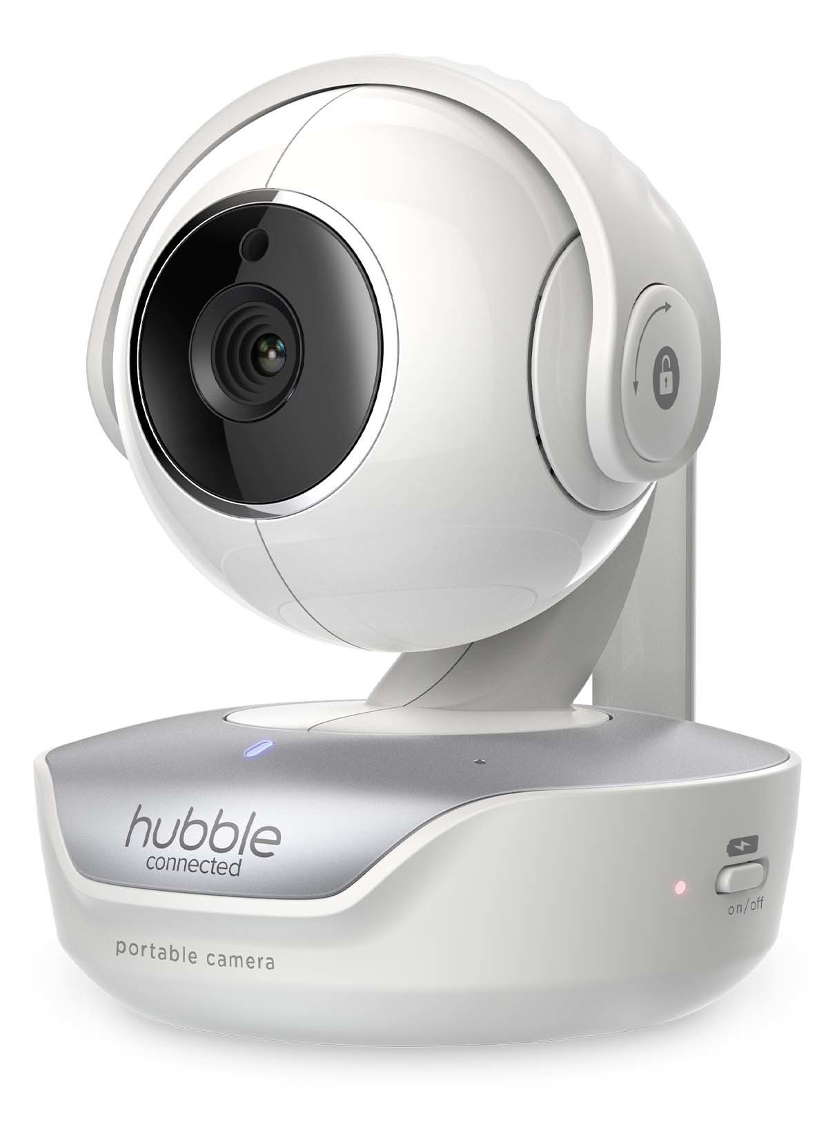 Ein weißer Baby-Monitor mit Kamera und Basis auf weißem Untergrund.