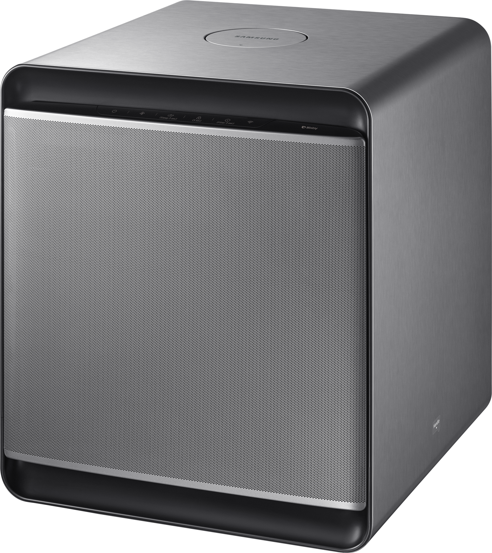 Srebrno-szary głośnik z logo Samsung.