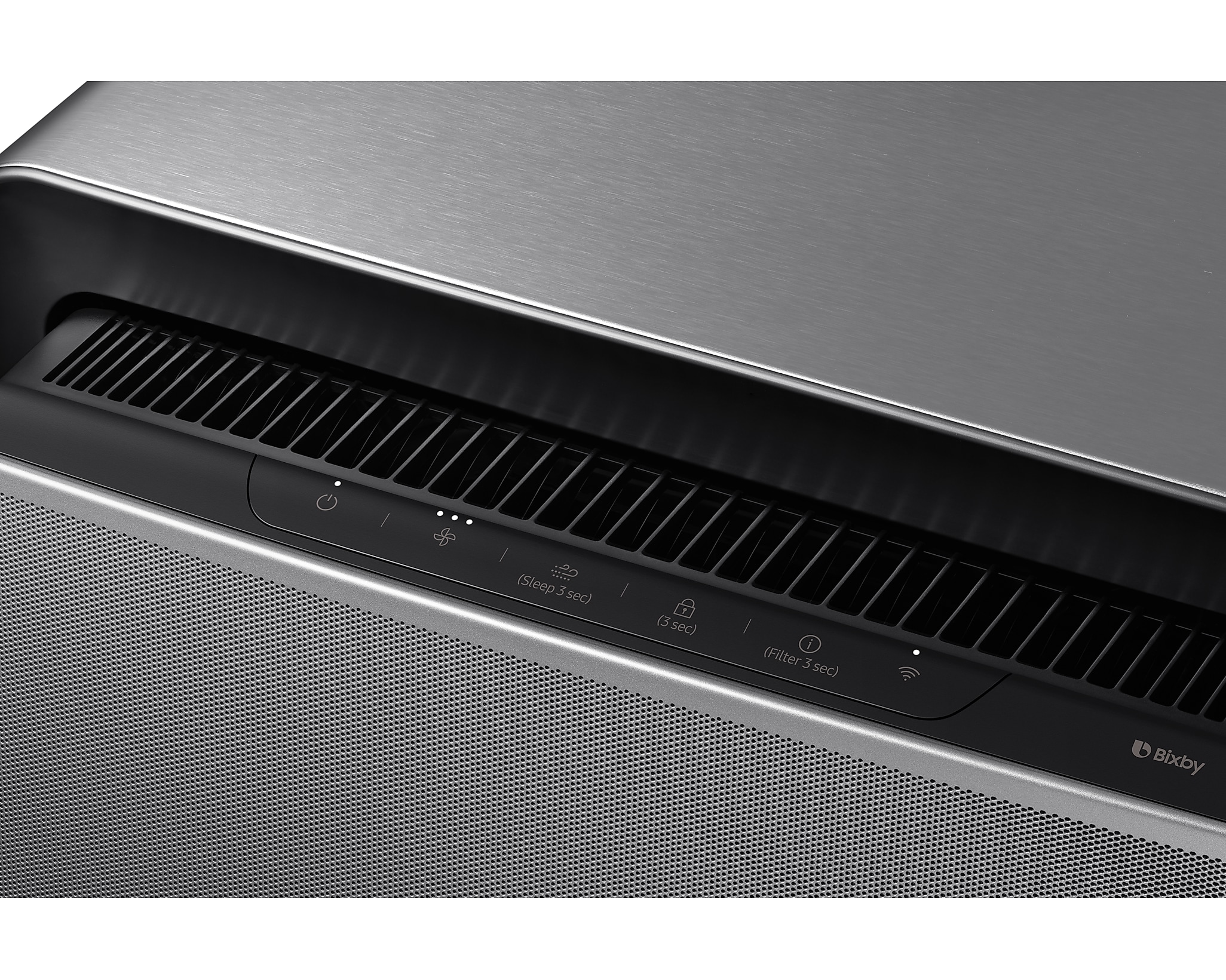 Zbliżenie panelu sterowania oczyszczacza powietrza z przyciskami i wskaźnikami.