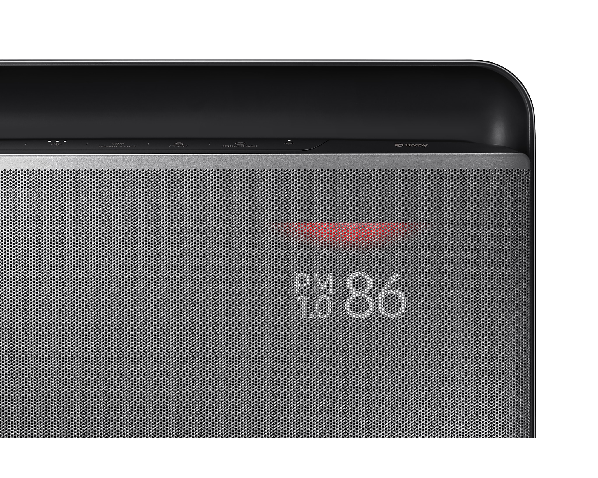 Szary głośnik z wyświetlaczem czasu i temperatury, czerwony pasek na górze.