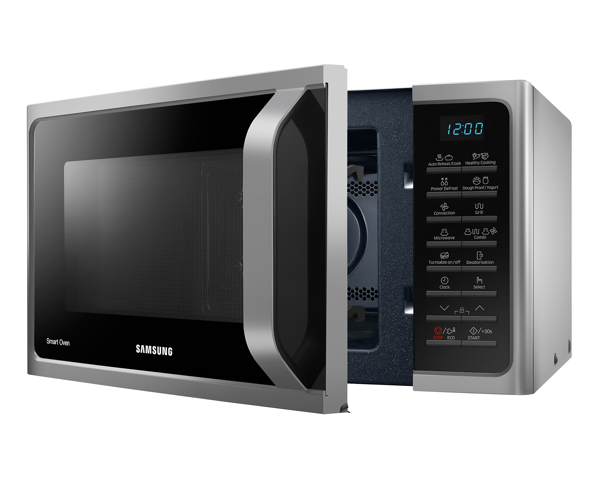Microonde argentato con porta aperta che mostra l'interno, pannello di controllo a destra. Interno nero, marchio Samsung.