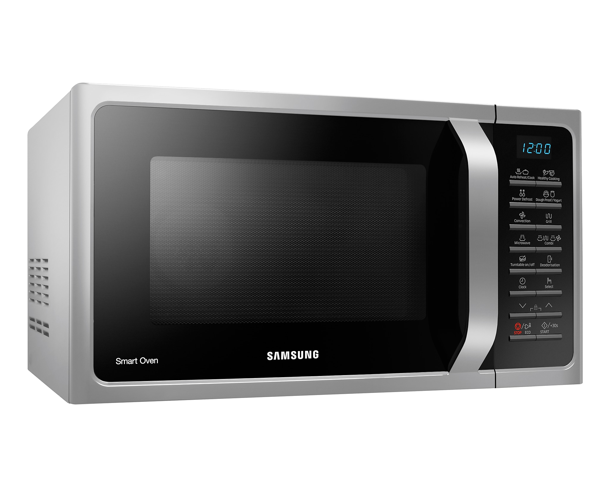 Un forno a microonde Samsung argento. Ha una porta nera e un display digitale.