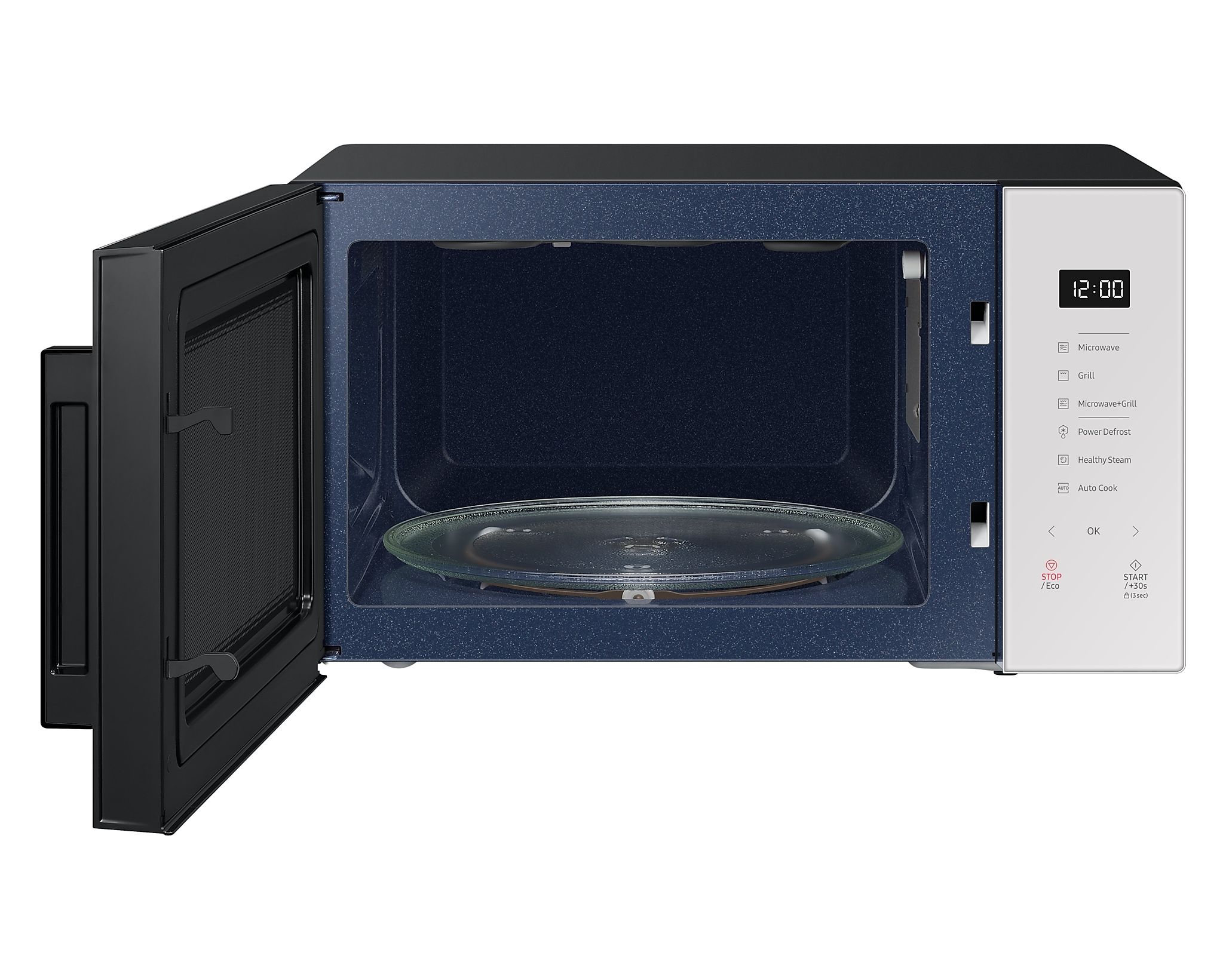 Microonde Samsung nero con porta aperta. Mostra orologio digitale e pulsanti funzione.