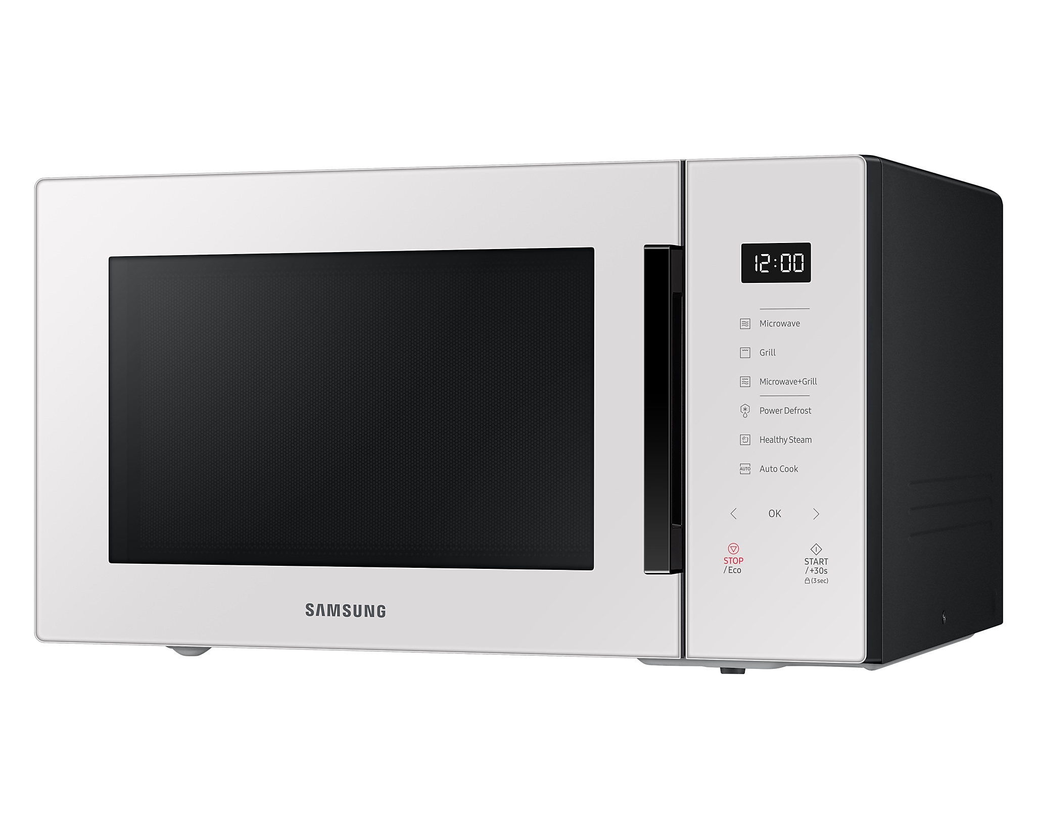 Microonde Samsung bianco. Porta nera. Il display digitale mostra l'ora. Pannello di controllo.