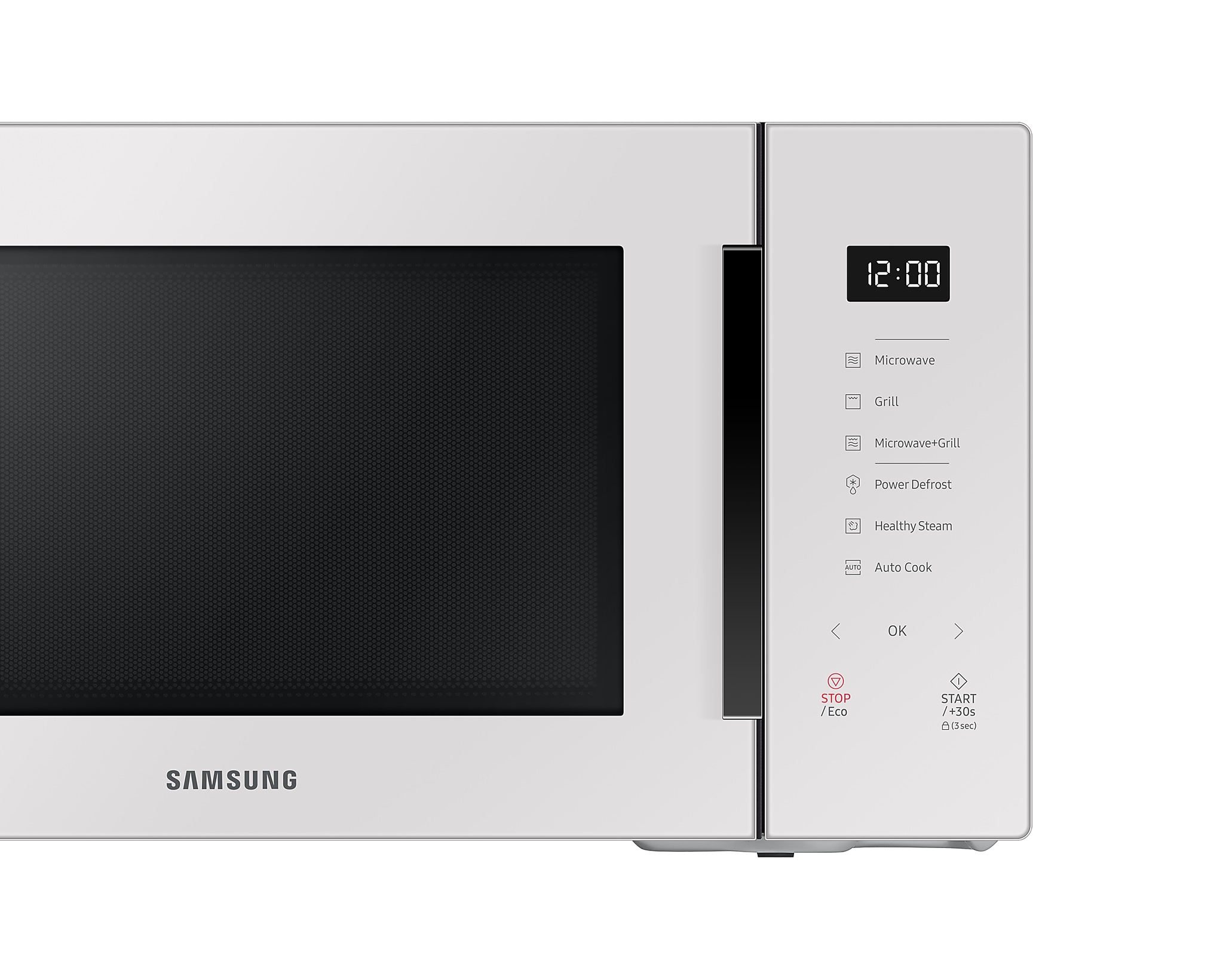 Forno a microonde bianco con display digitale e pannello di controllo, isolato su bianco.