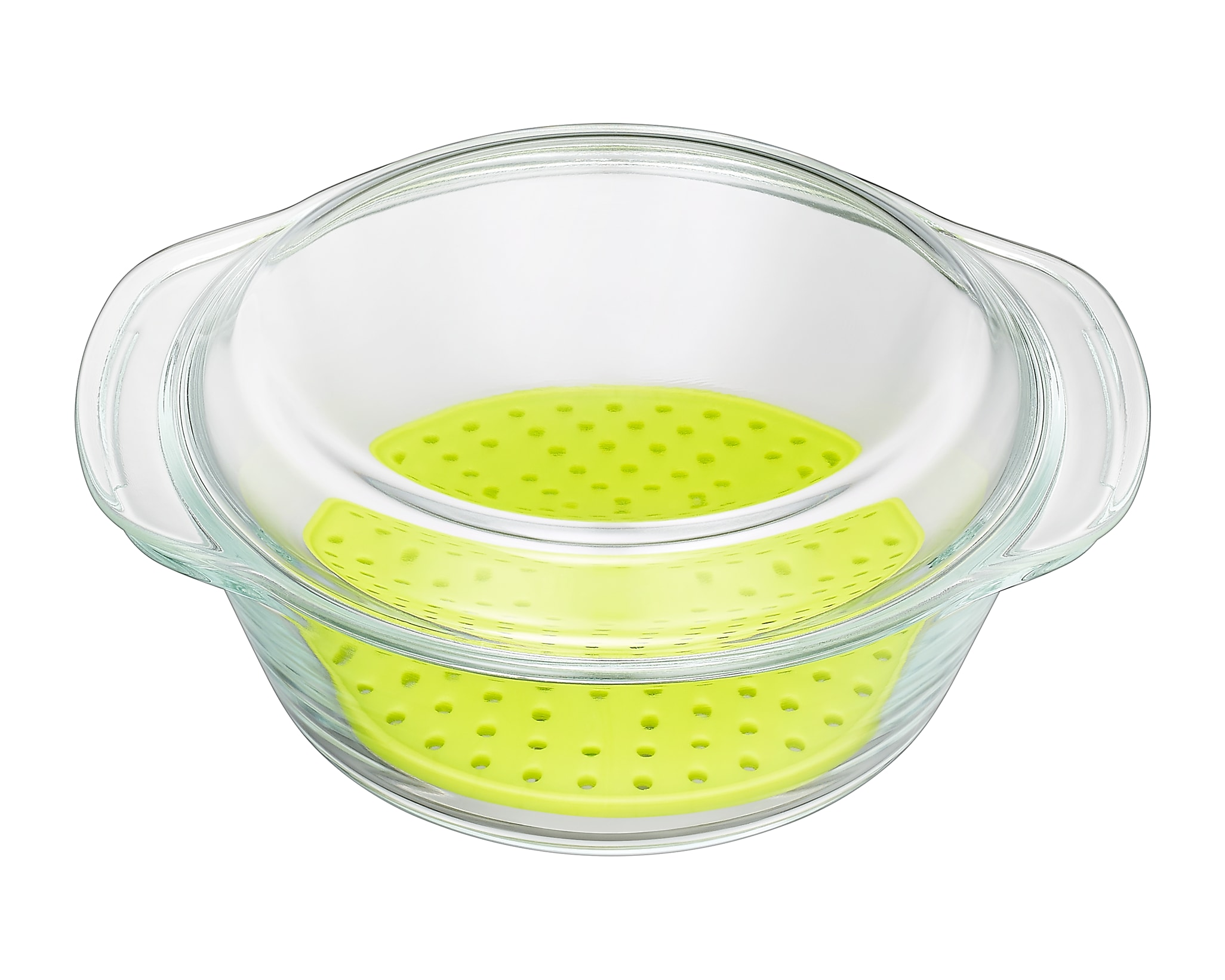 Ciotola in vetro con inserto verde perforato. Su sfondo bianco.