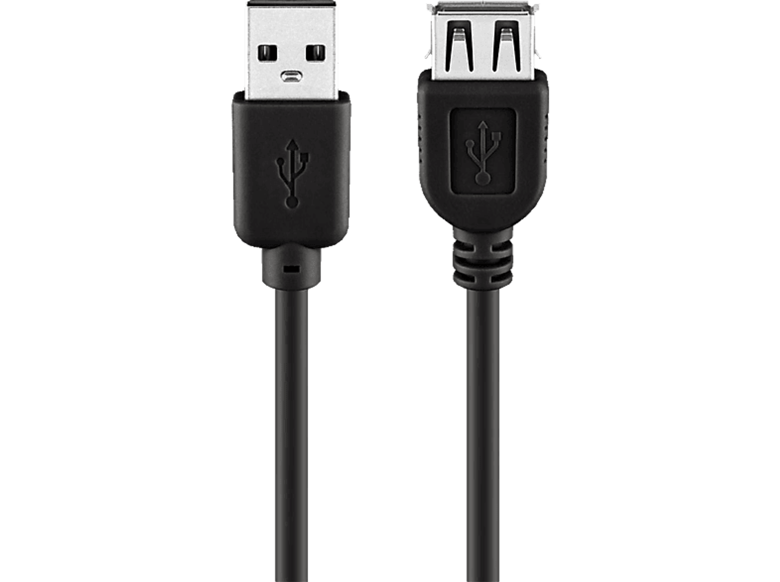 Twee zwarte USB-kabels. Eén heeft een mannelijk uiteinde, de andere een vrouwelijk uiteinde. Beide tegen zwarte achtergrond.