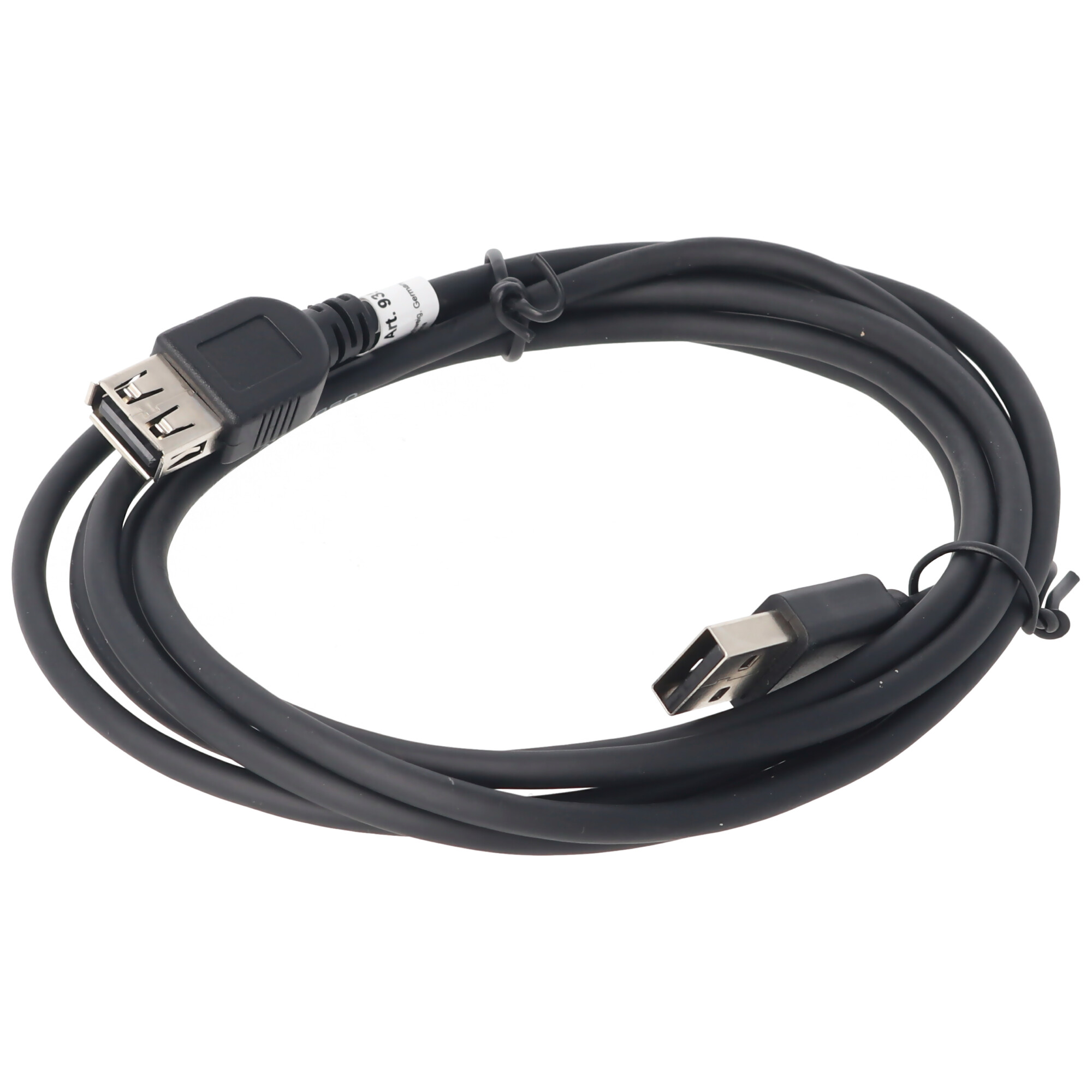 Zwarte USB-kabel met een USB-A- en een USB-B-connector. De kabel is opgerold.