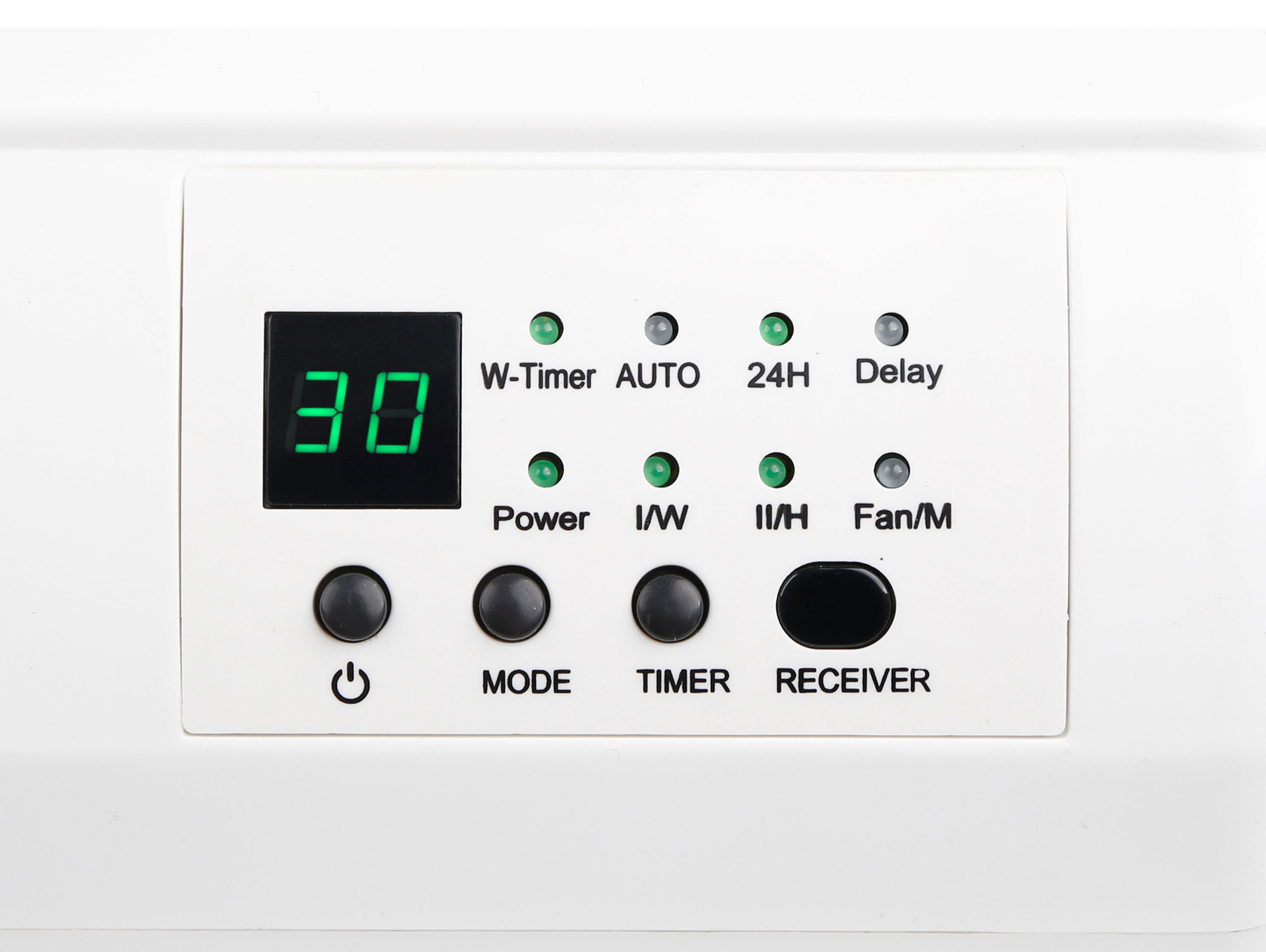 Weißes Bedienfeld mit grüner Digitalanzeige '30'. Tasten: Power, Mode, Timer, Receiver.