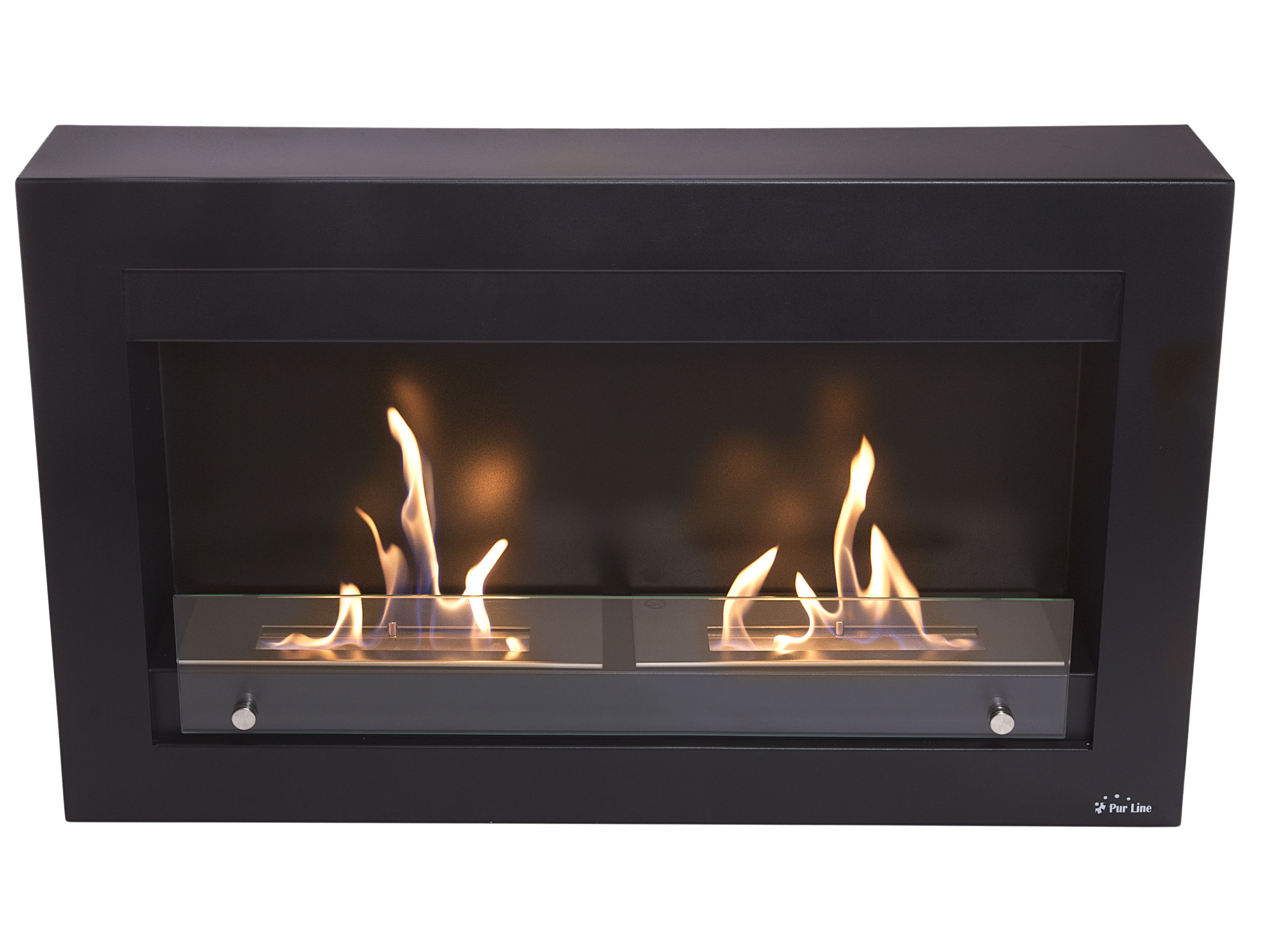 Ein schwarzer Kamin mit Flammen, die hinter Glas sichtbar sind. Die Flammen sind orange und gelb.