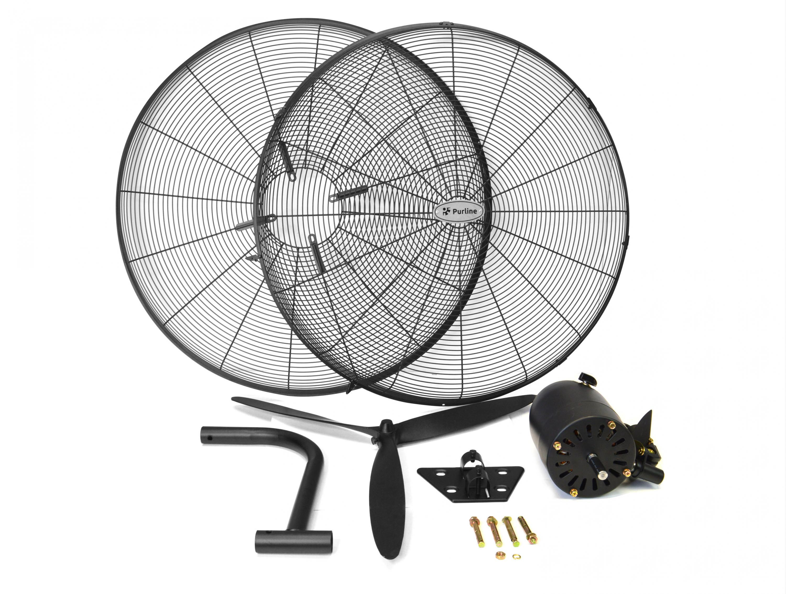 Partes desmontadas del ventilador: dos rejillas negras, hélice, motor y componentes de soporte.